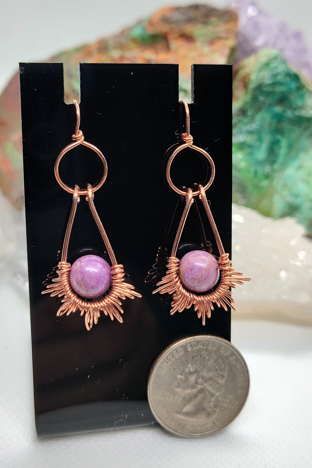 Phosphosiderite sunburst earrings, in bare copper