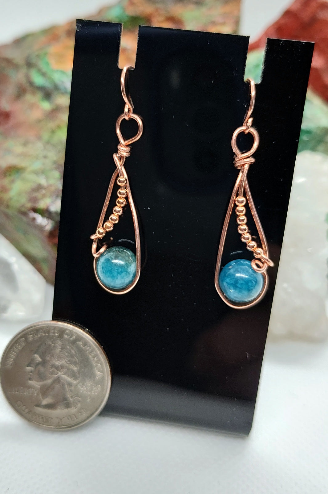 Apatite and copper bead earrings wire wrapped in bare copper