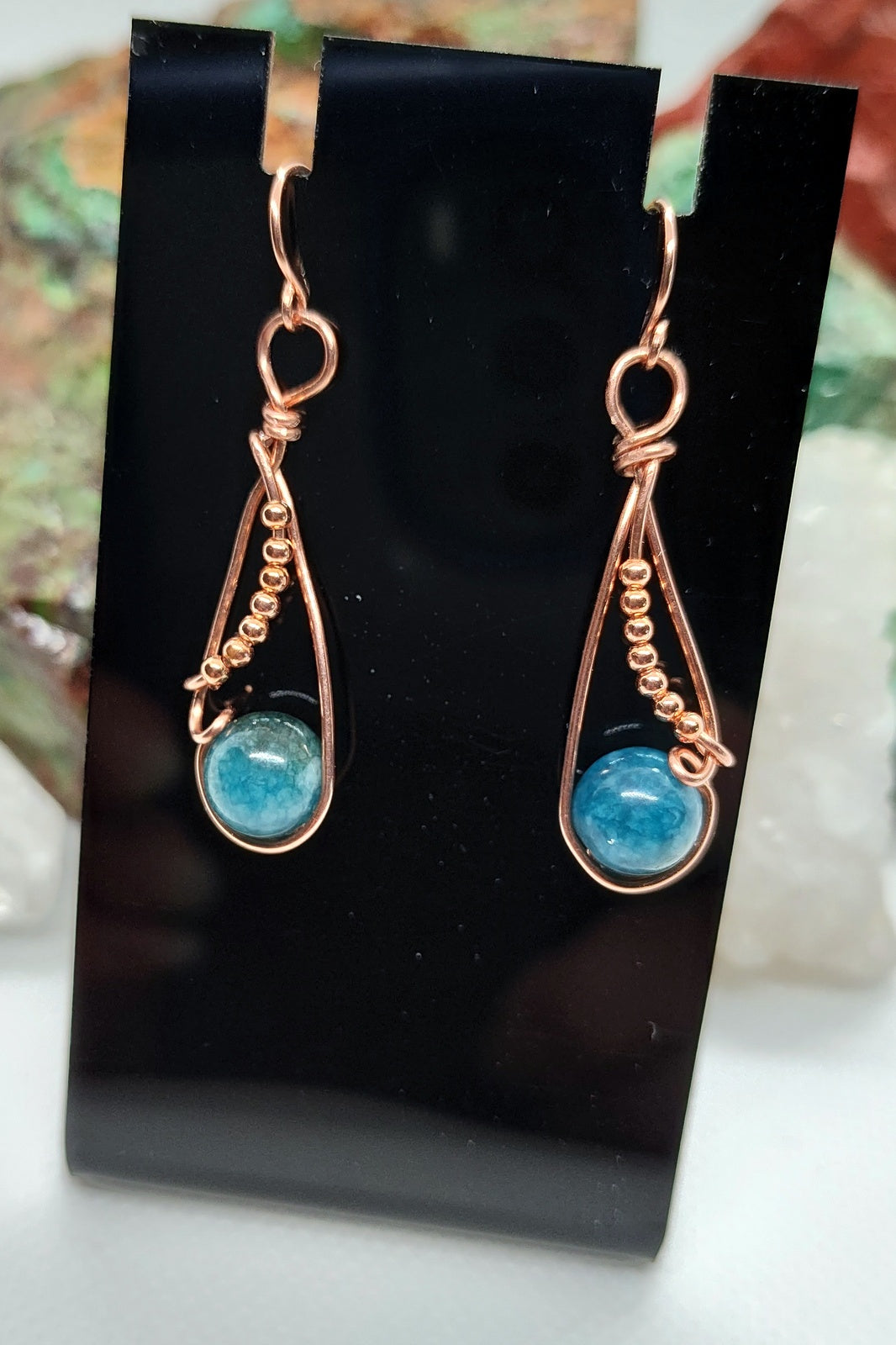 Apatite and copper bead earrings wire wrapped in bare copper