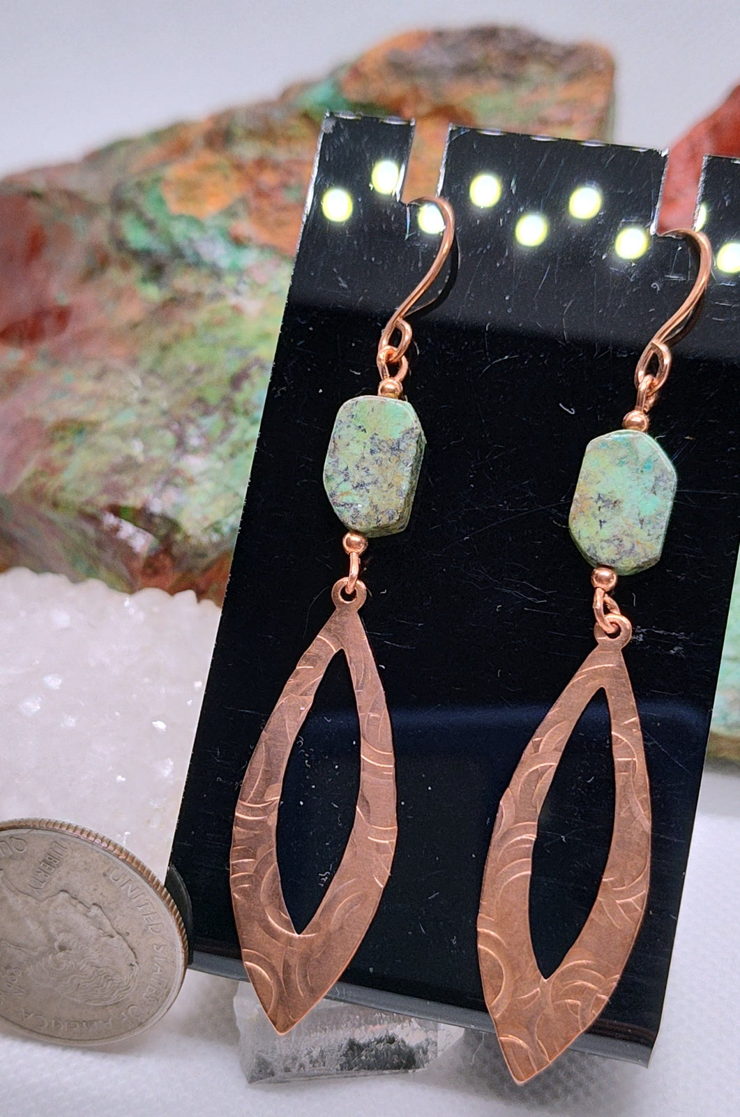 shiny copper drop earrings with African turquoise beads