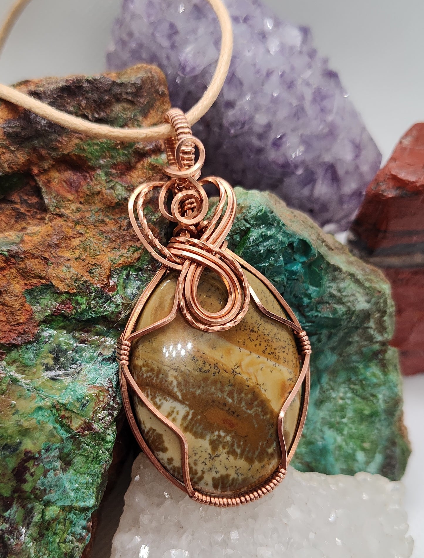 jasper wire wrapped pendant in bare copper