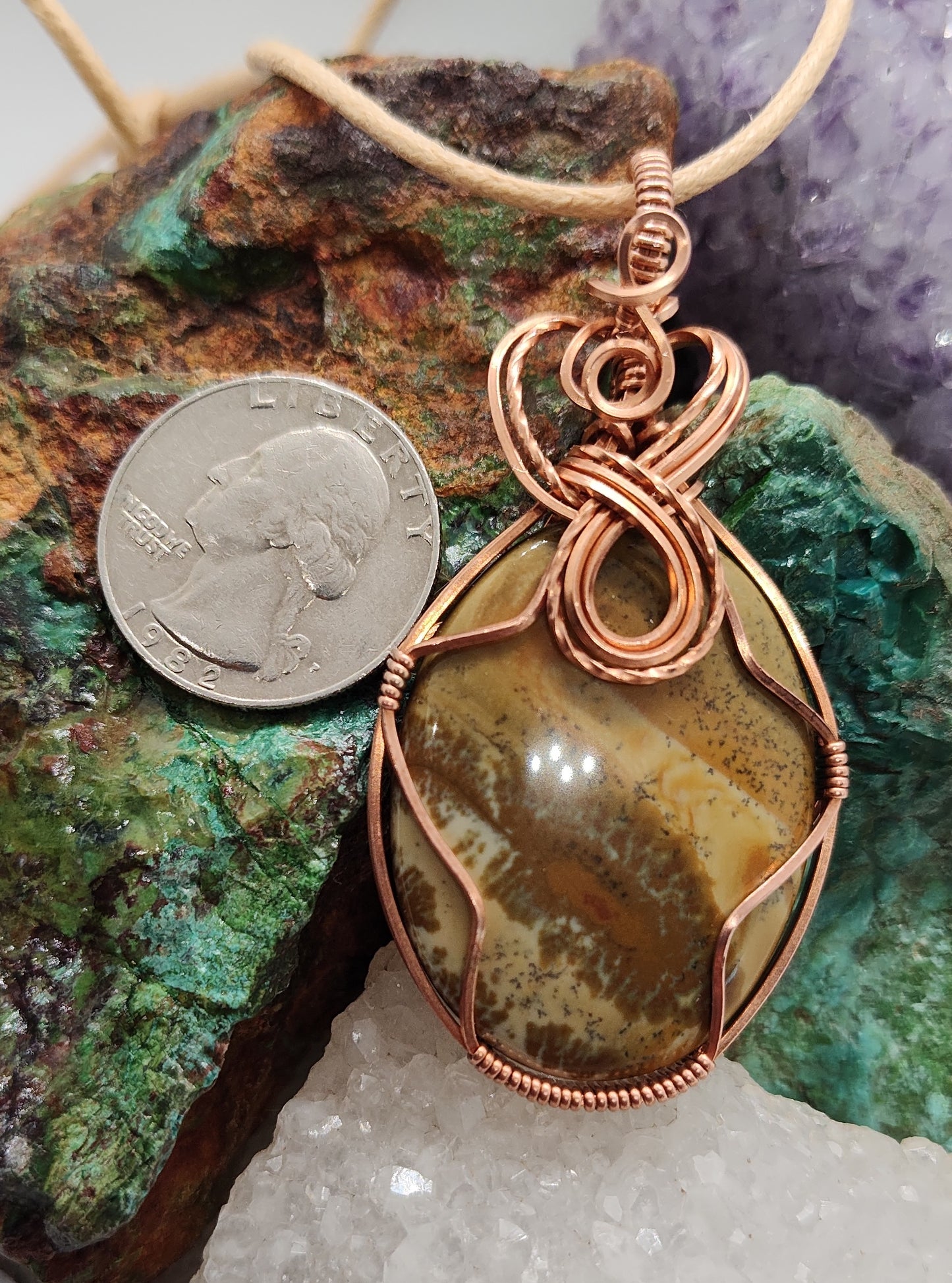 jasper wire wrapped pendant in bare copper