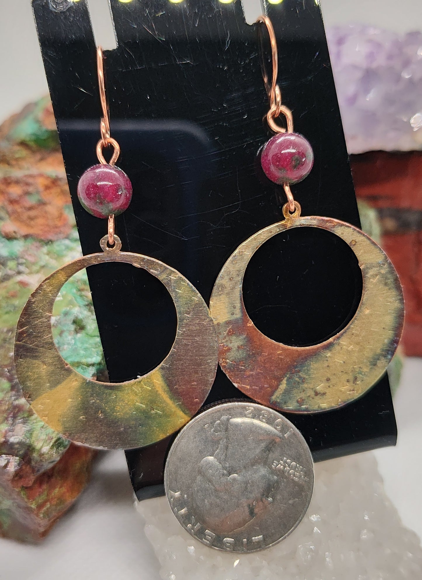 Flame oxidized brass earrings with ruby zoisite beads
