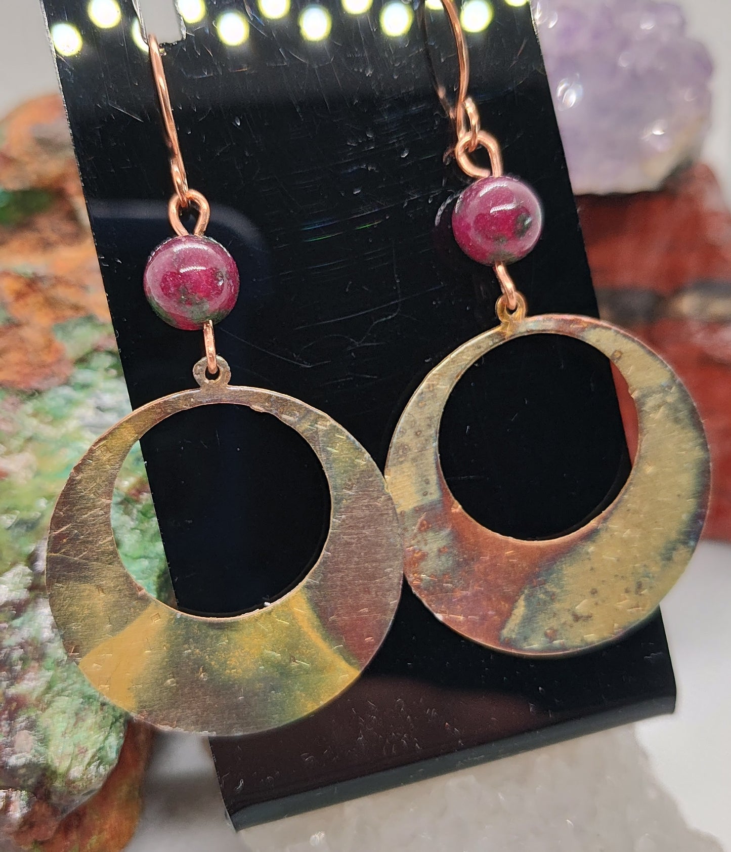 Flame oxidized brass earrings with ruby zoisite beads