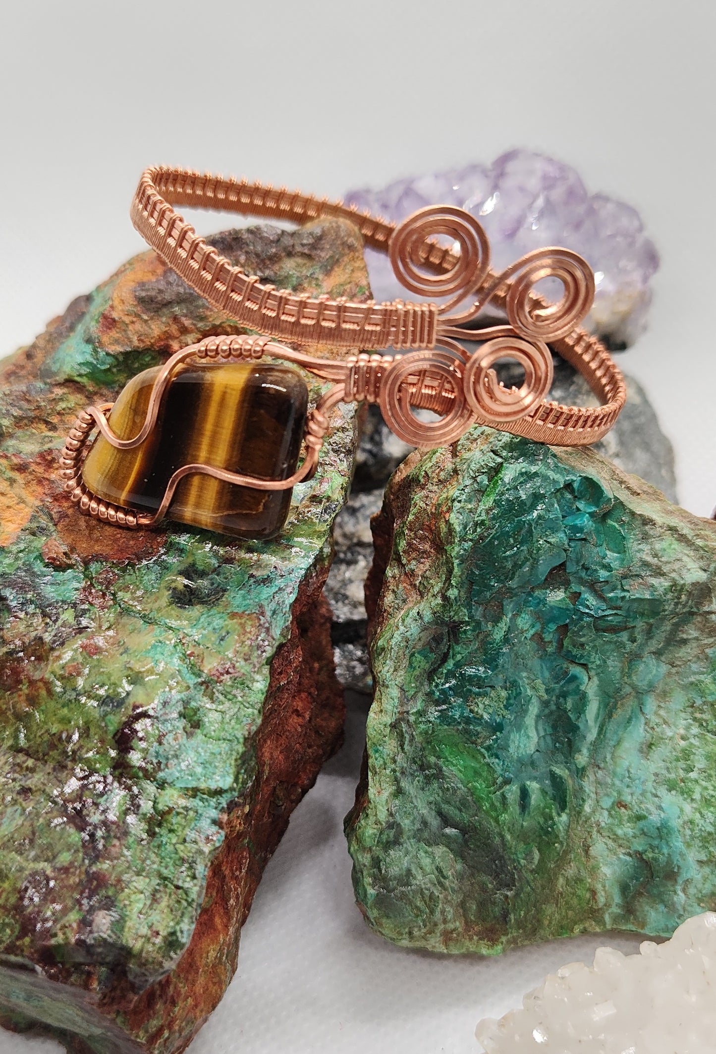 copper wire wrap around bracelet with tiger eye