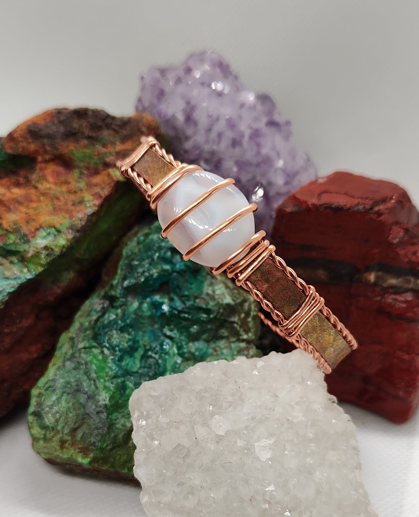 wire wrapped copper bracelet with white agate accent