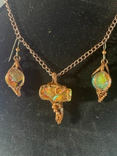 Dichroic Rectangle Pendant and Round Earrings wrapped in Raw Copper