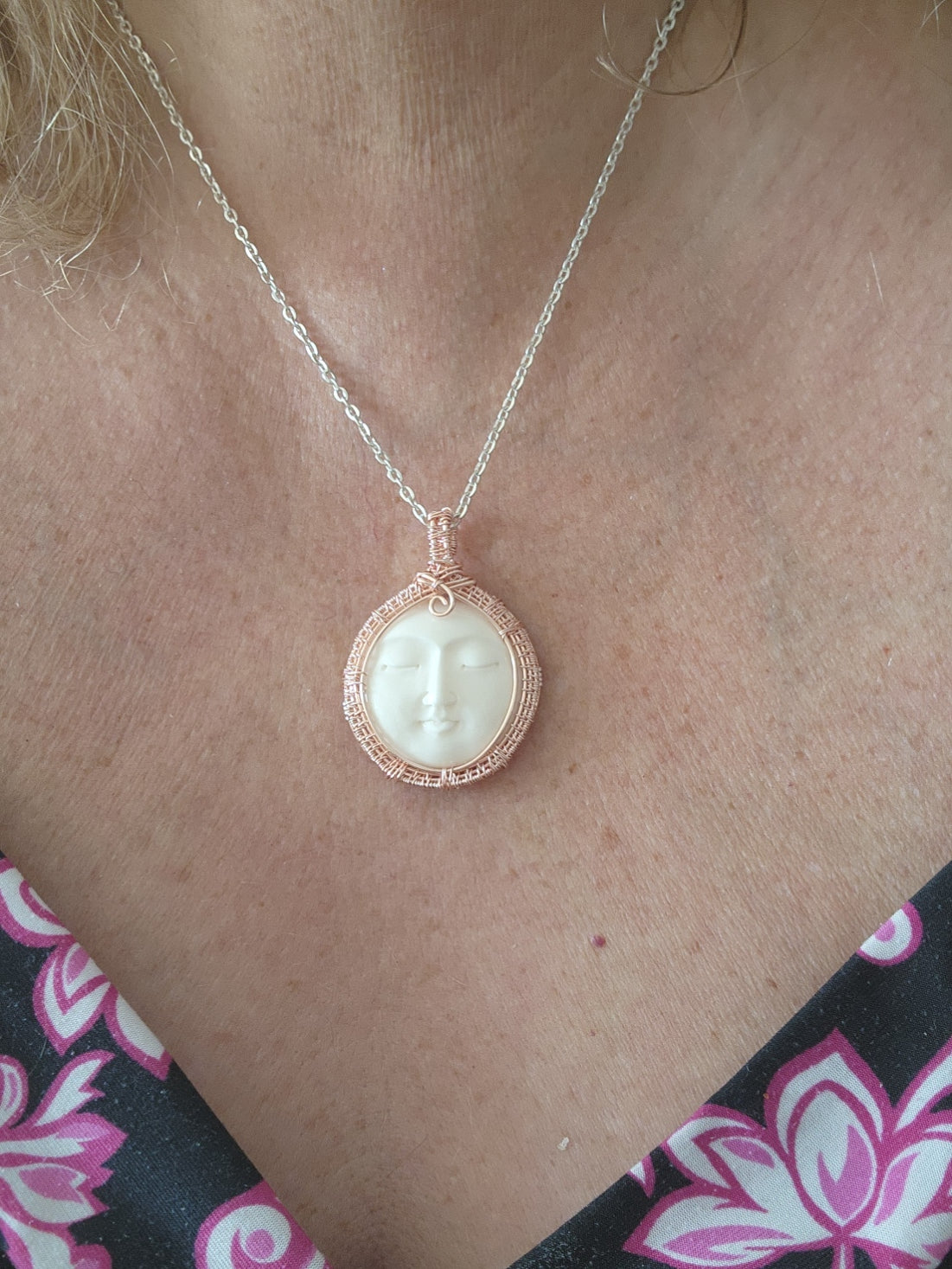 Carved Bone Moon Face Pendant