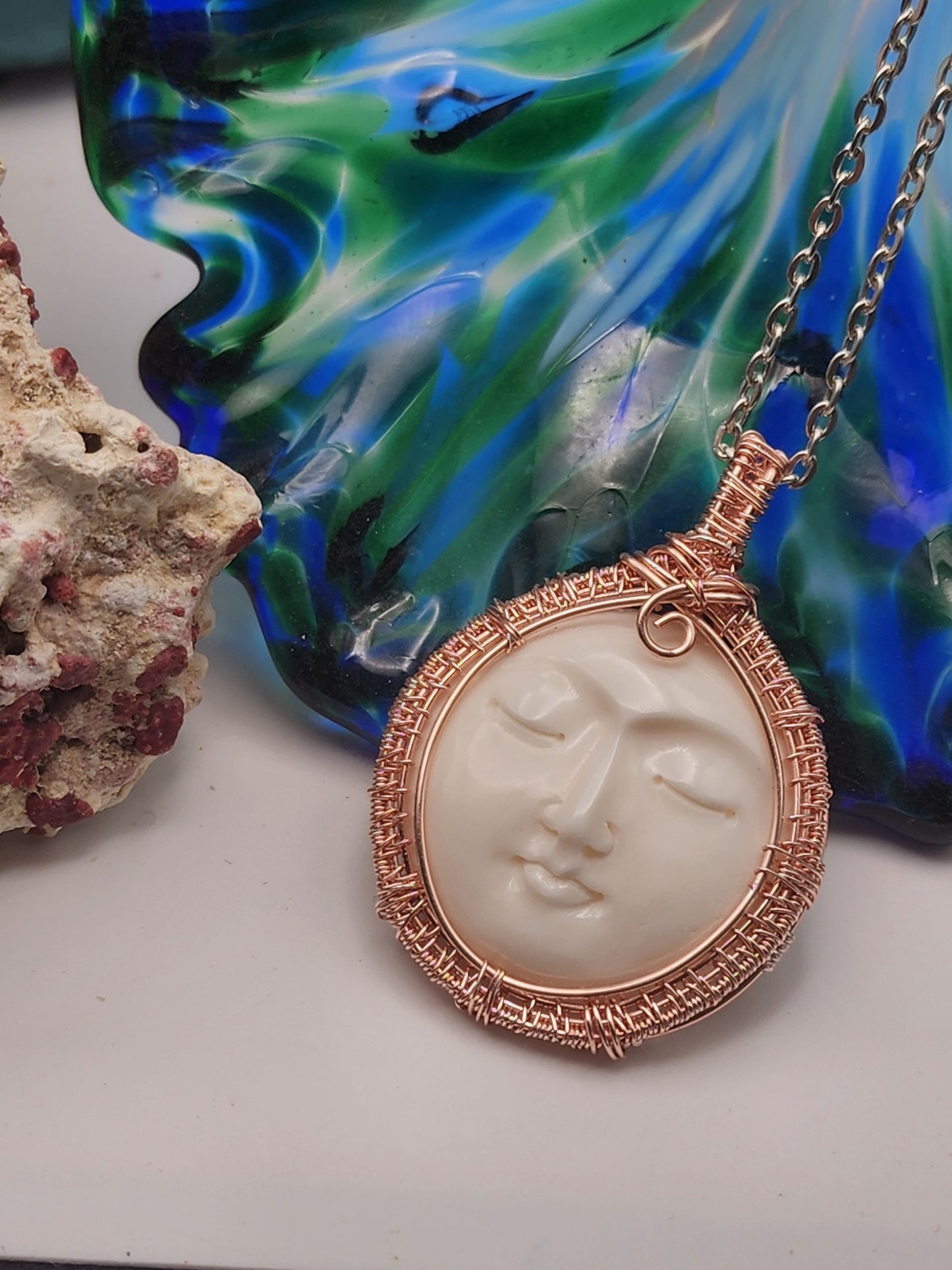 Carved Bone Moon Face Pendant