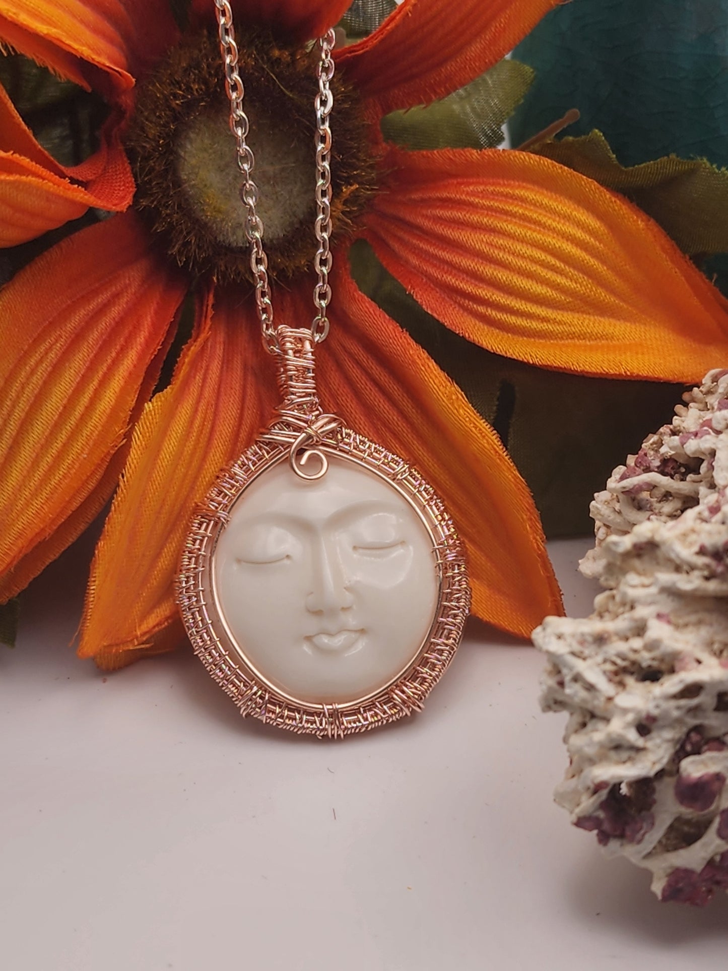 Carved Bone Moon Face Pendant