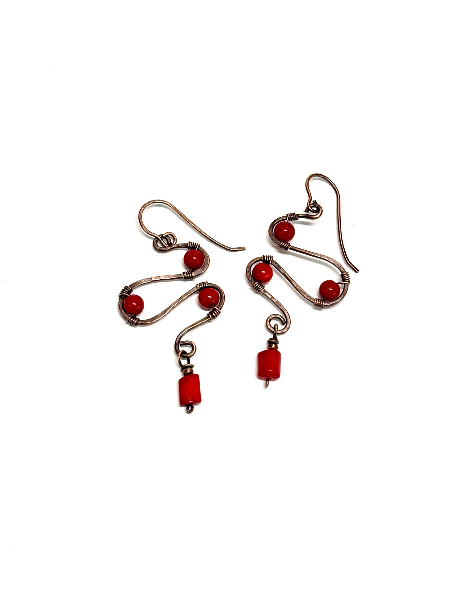 HANDMADE Coral Wire Wrapped Copper Bold Statement Earrings, Artisan Jewelry Gift for Her Woman