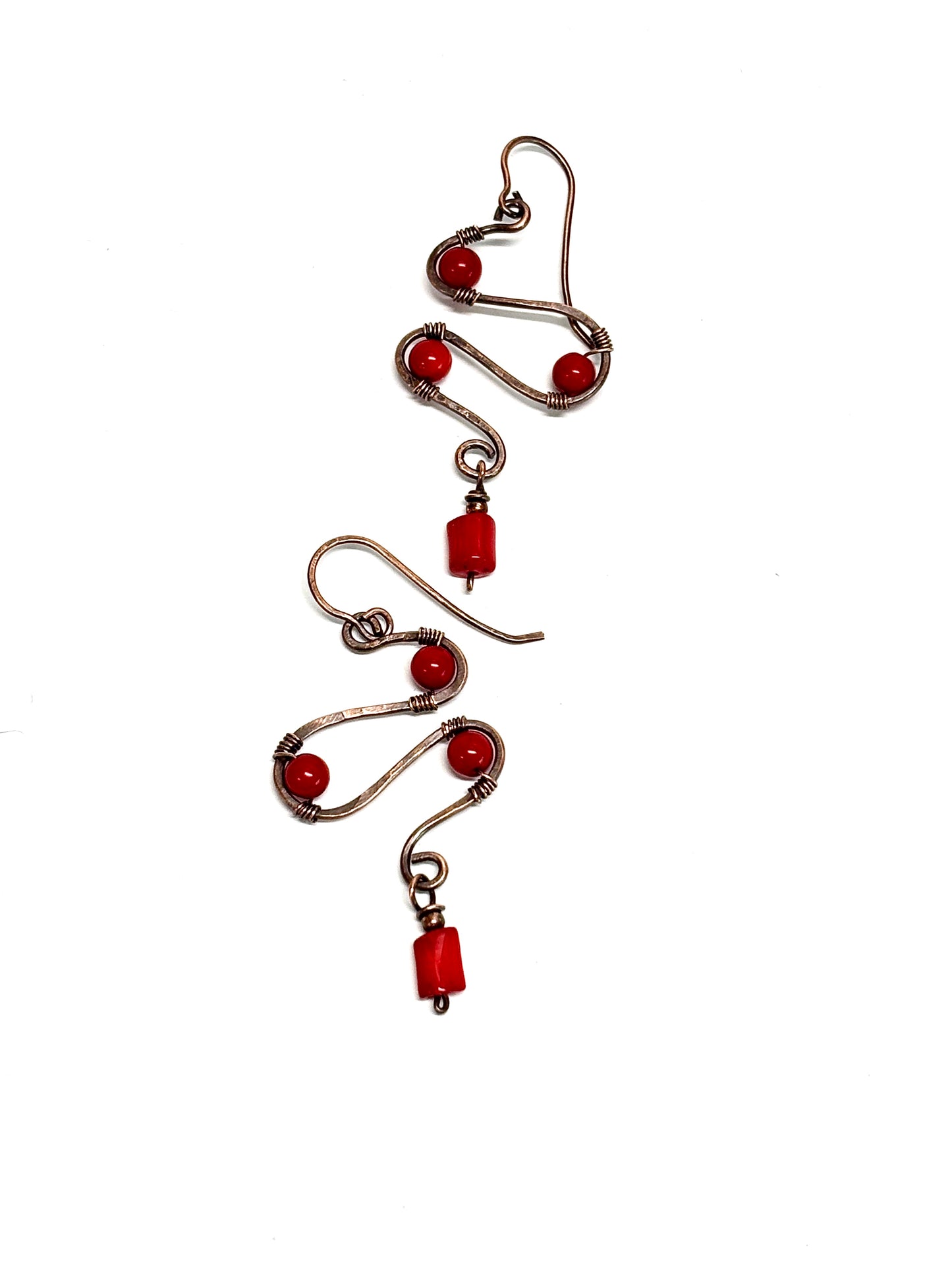 HANDMADE Coral Wire Wrapped Copper Bold Statement Earrings, Artisan Jewelry Gift for Her Woman