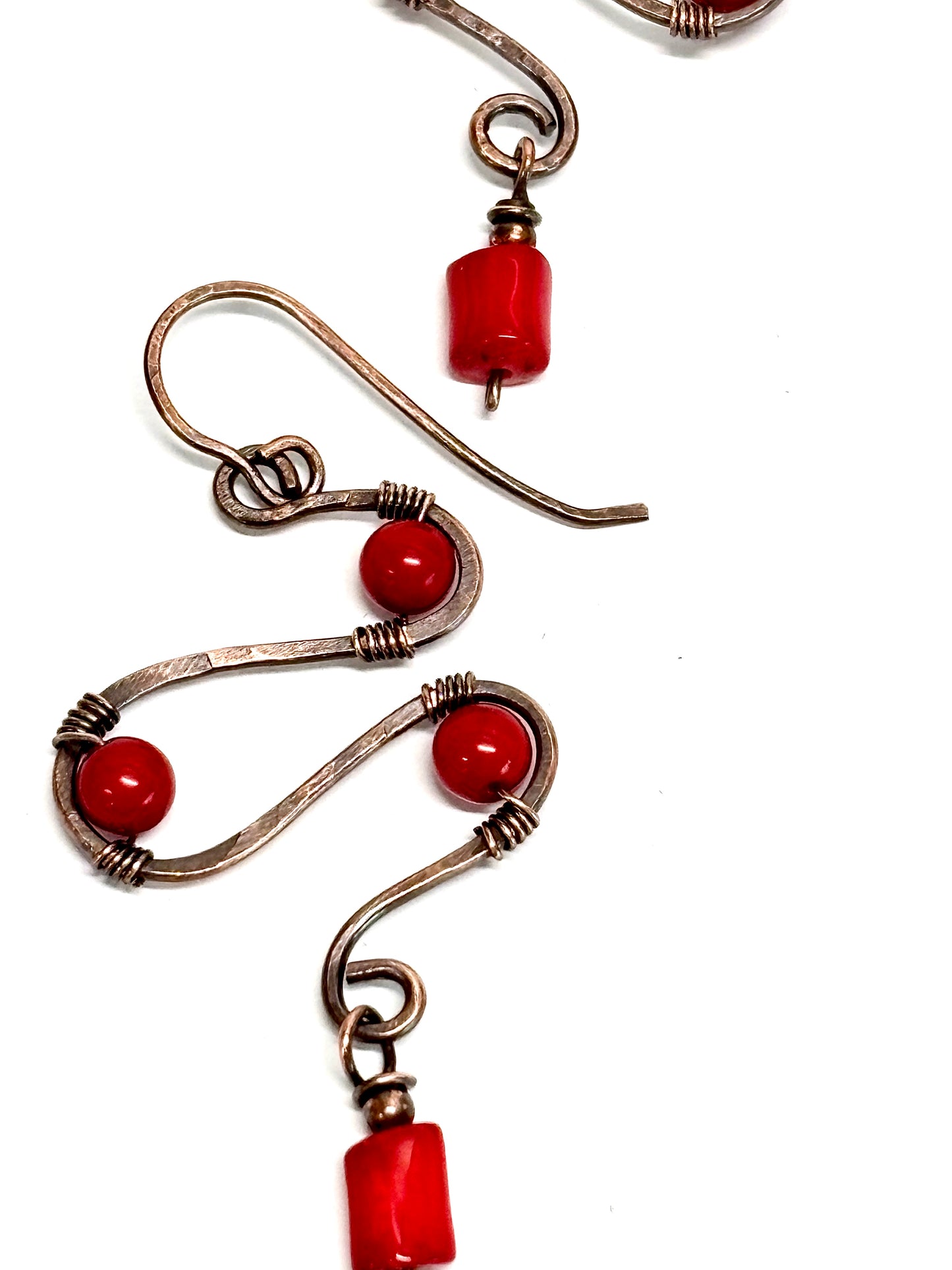 HANDMADE Coral Wire Wrapped Copper Bold Statement Earrings, Artisan Jewelry Gift for Her Woman