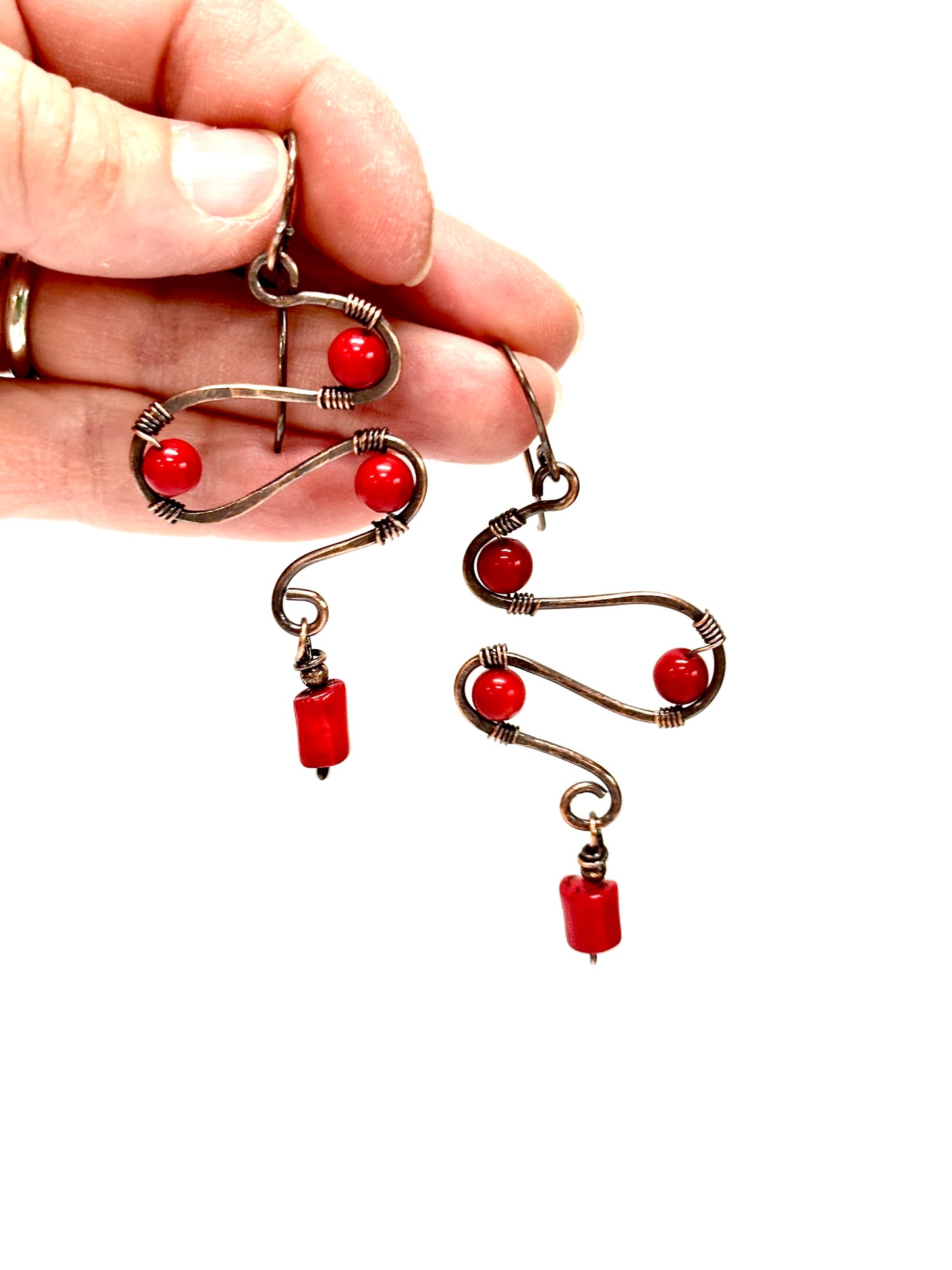 HANDMADE Coral Wire Wrapped Copper Bold Statement Earrings, Artisan Jewelry Gift for Her Woman