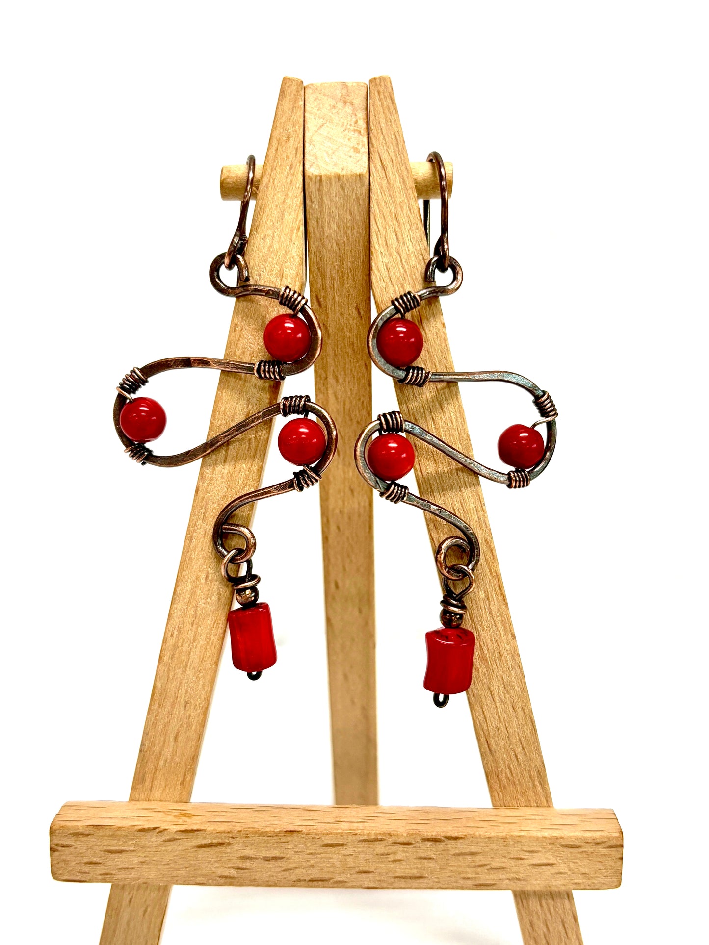 HANDMADE Coral Wire Wrapped Copper Bold Statement Earrings, Artisan Jewelry Gift for Her Woman