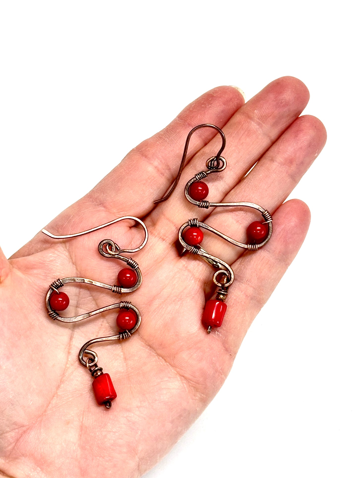 HANDMADE Coral Wire Wrapped Copper Bold Statement Earrings, Artisan Jewelry Gift for Her Woman