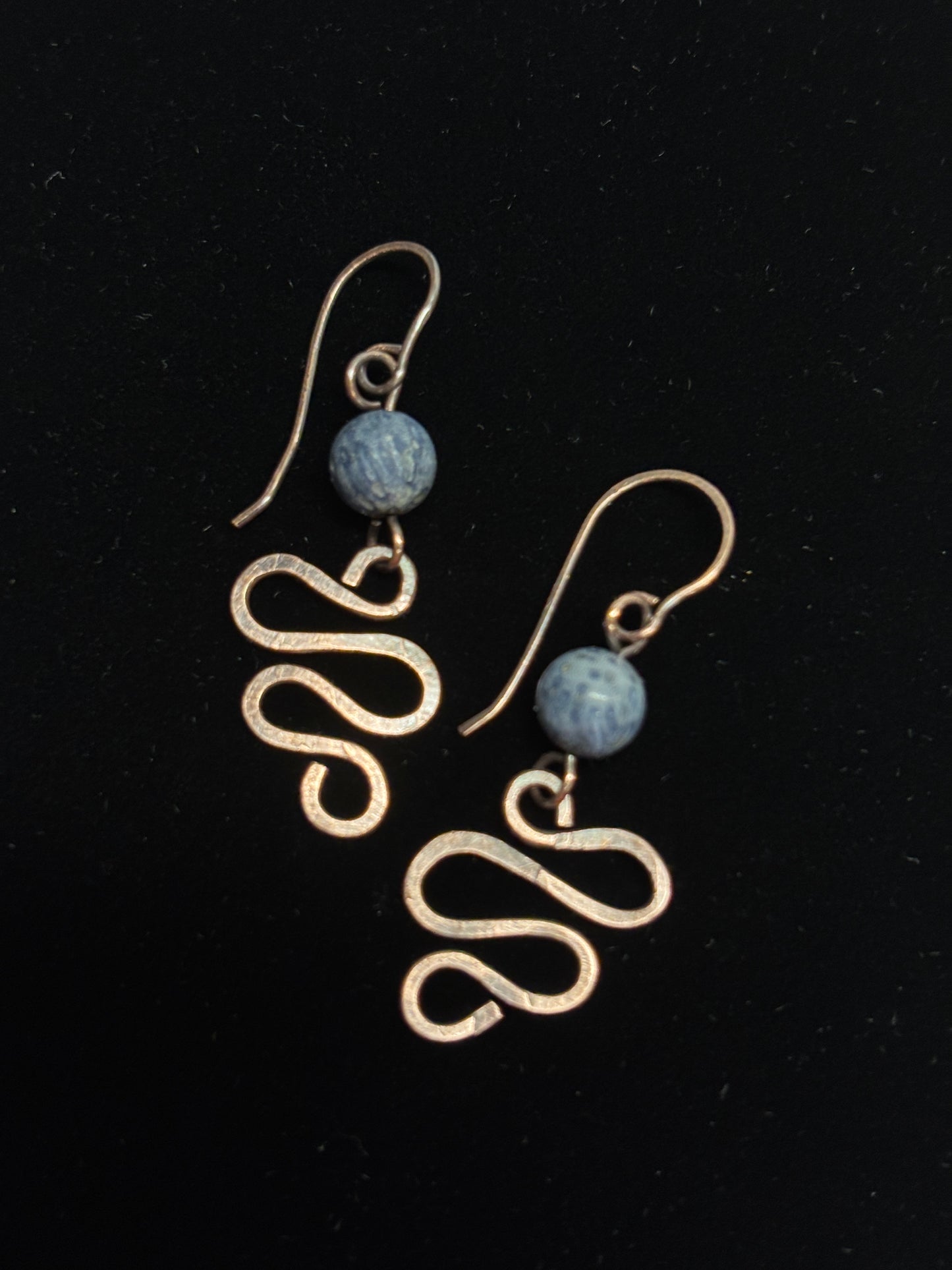 HANDMADE Sodalite Wire Wrapped Hammered Freeform Dangle Earrings, Artisan Jewelry Gift for Her Woman