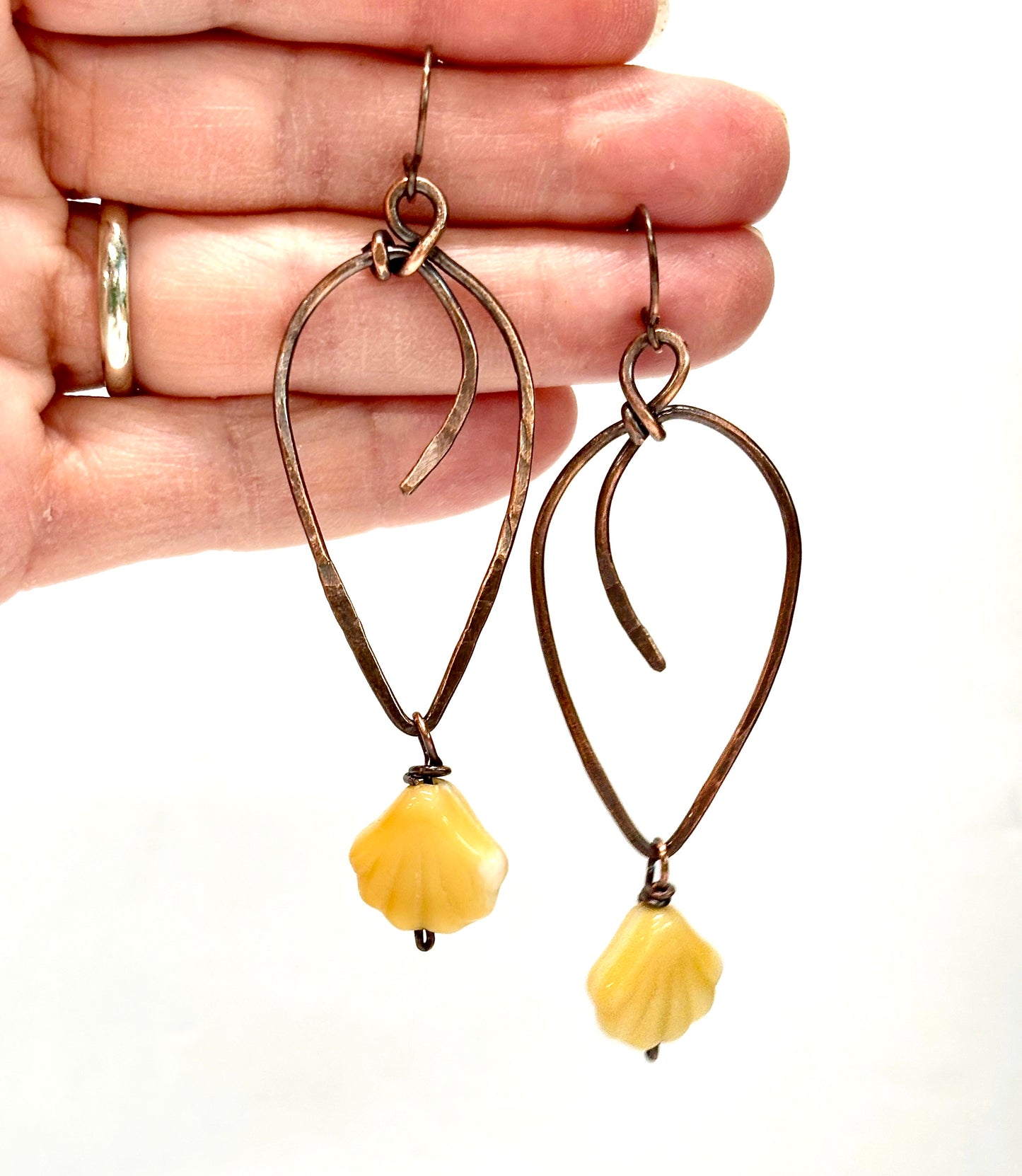 HANDMADE Vintage Resin Shell Wire Wrapped Copper Bold Statement Earrings, Artisan Gift for Her Woman