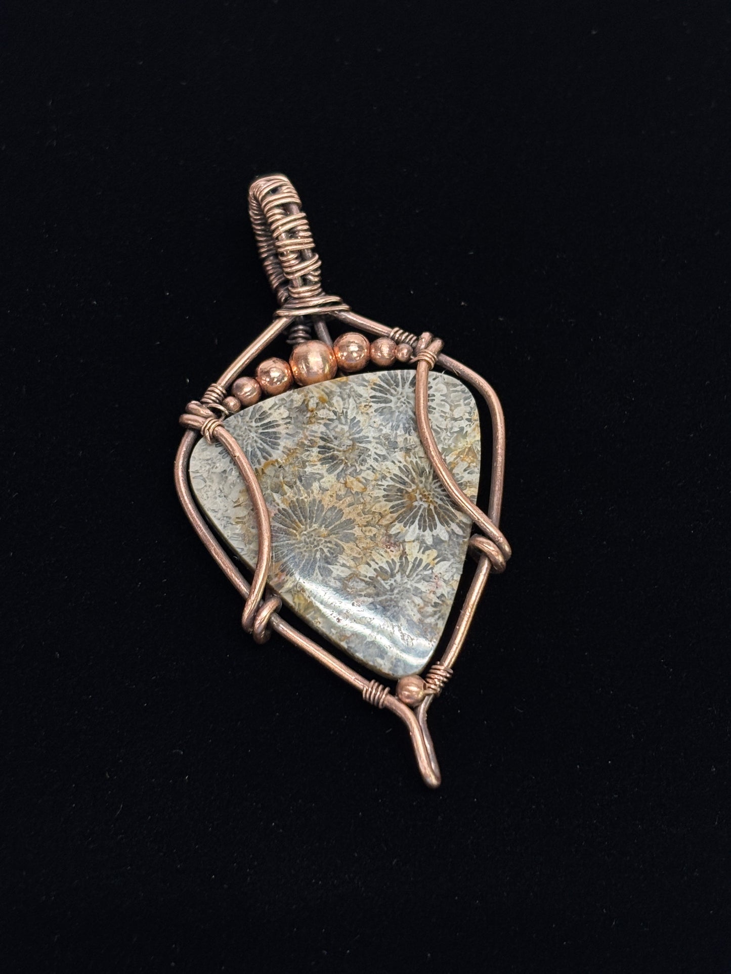 HANDMADE Coral Fossil Wire Wrapped Copper Unisex Pendant Necklace, Artisan Jewelry Gift Him or Her, Adjustable Leather Cord, Layering Choker