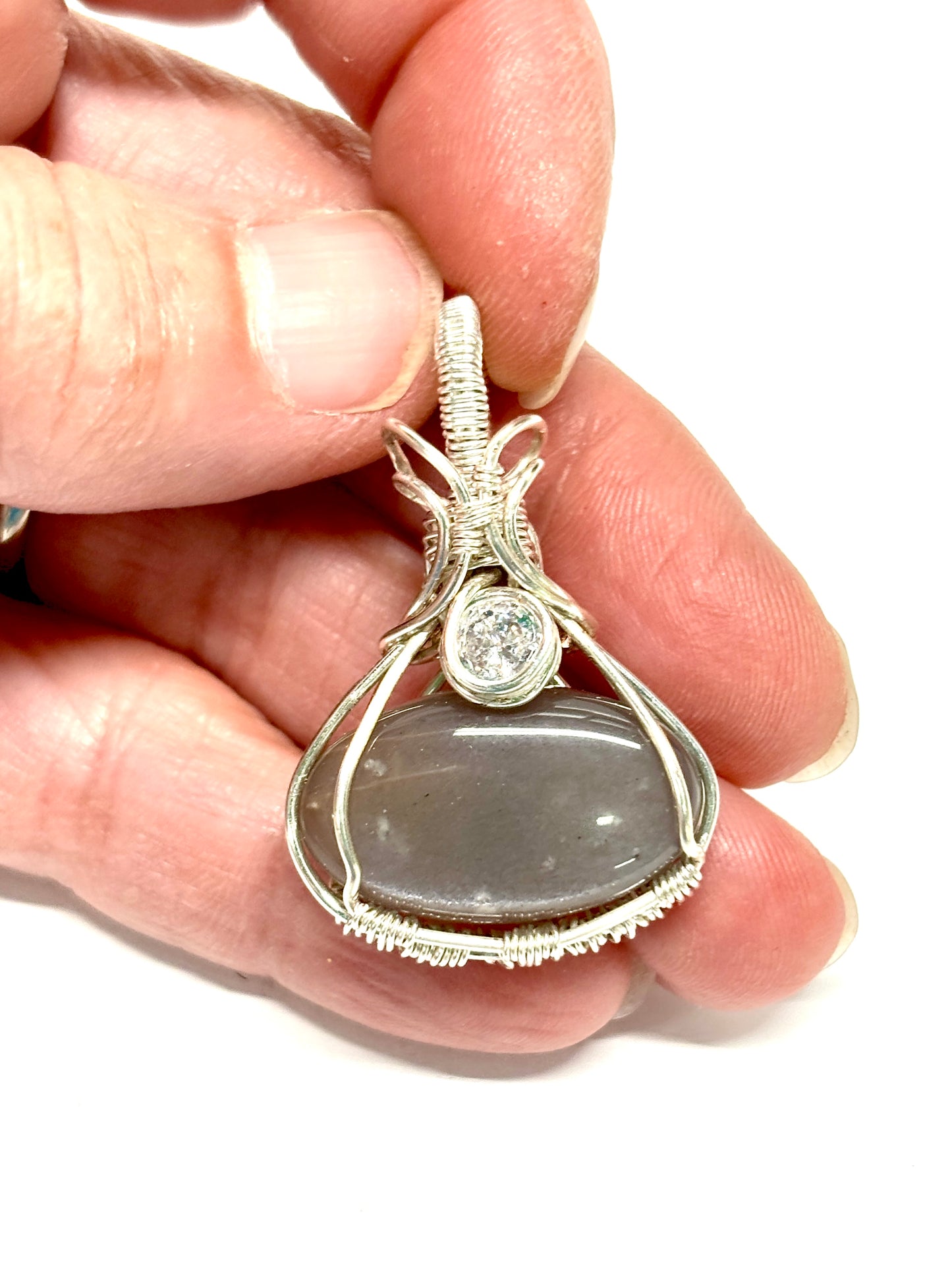 HANDMADE Gray Moonstone and Cubic Zirconia Wire Wrapped Elegant Pendant, Artisan Jewelry Gift for Her