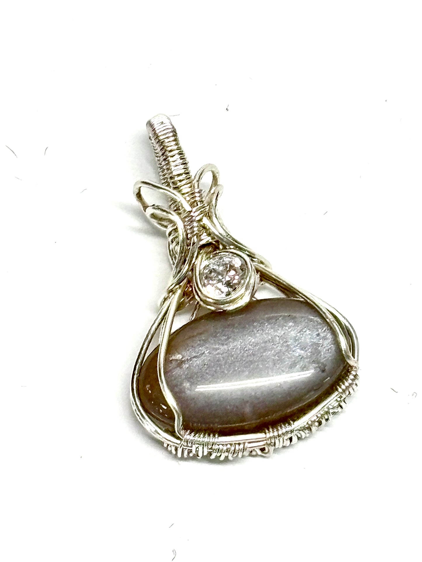 HANDMADE Gray Moonstone and Cubic Zirconia Wire Wrapped Elegant Pendant, Artisan Jewelry Gift for Her
