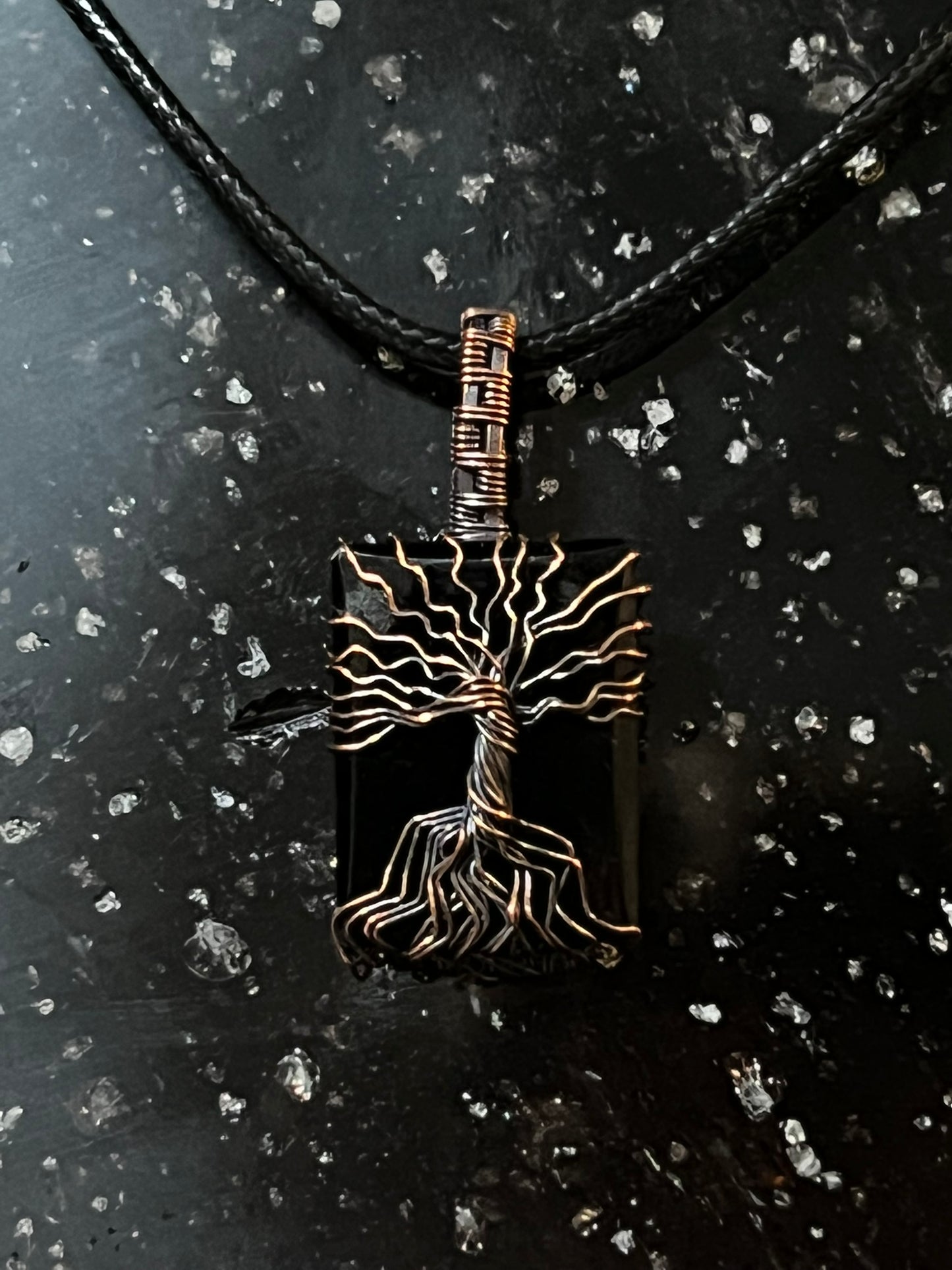 Obsidian Tree of Life in Oxidized Copper
