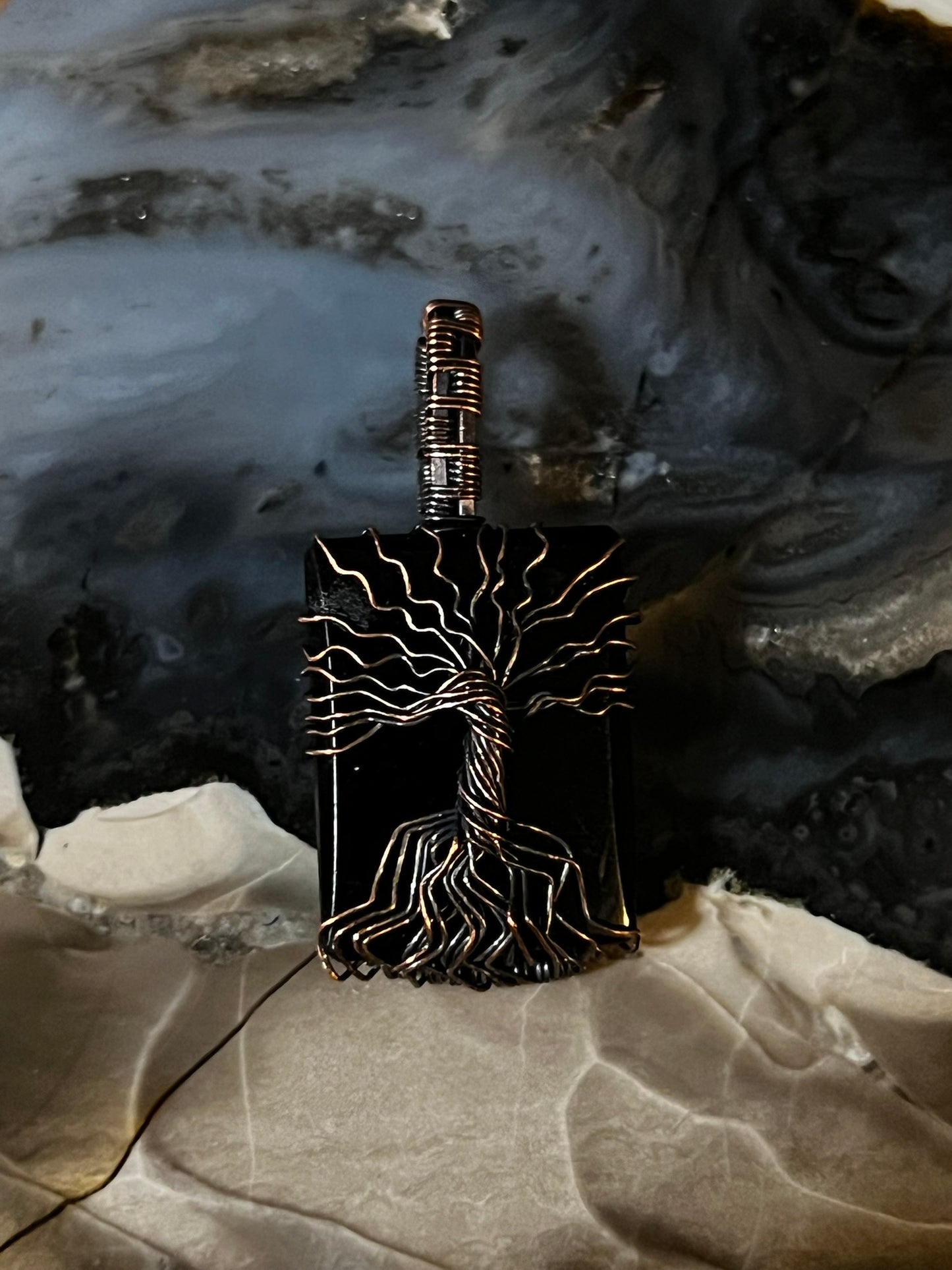 Obsidian Tree of Life in Oxidized Copper