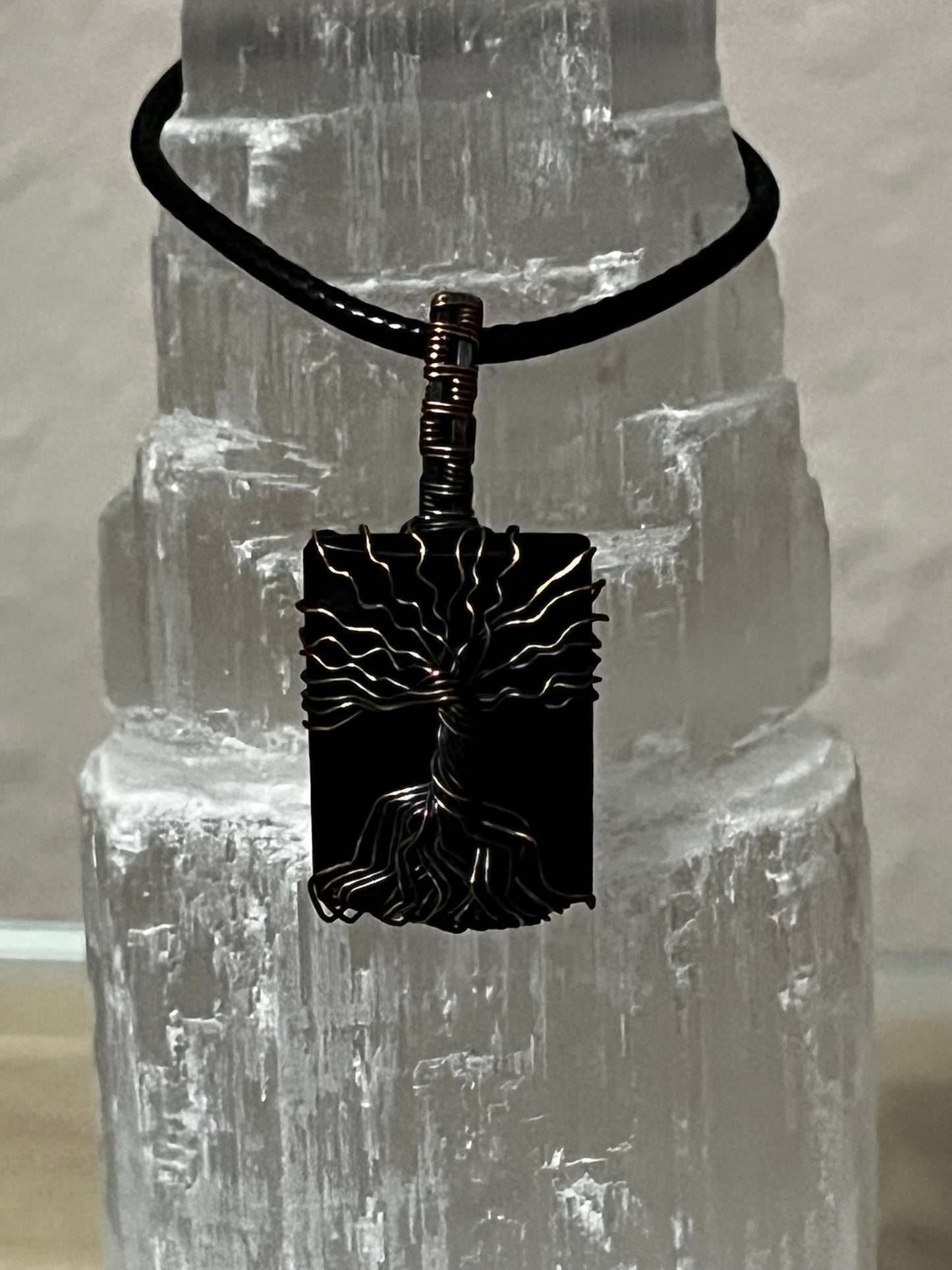 Obsidian Tree of Life in Oxidized Copper