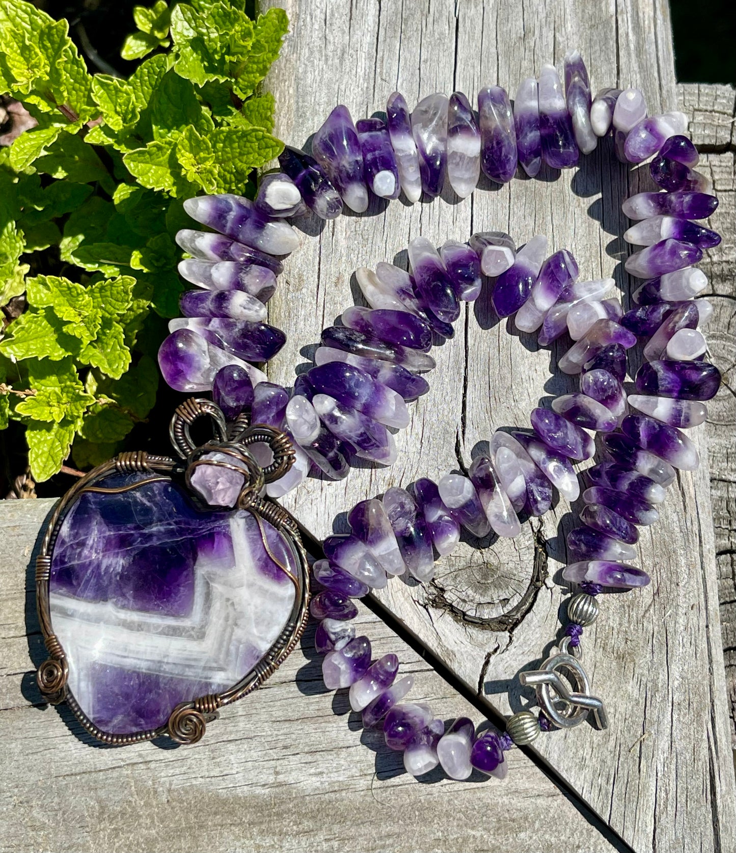 Chevron Amethyst Worry Stone Wrapped Statement Toggle Necklace
