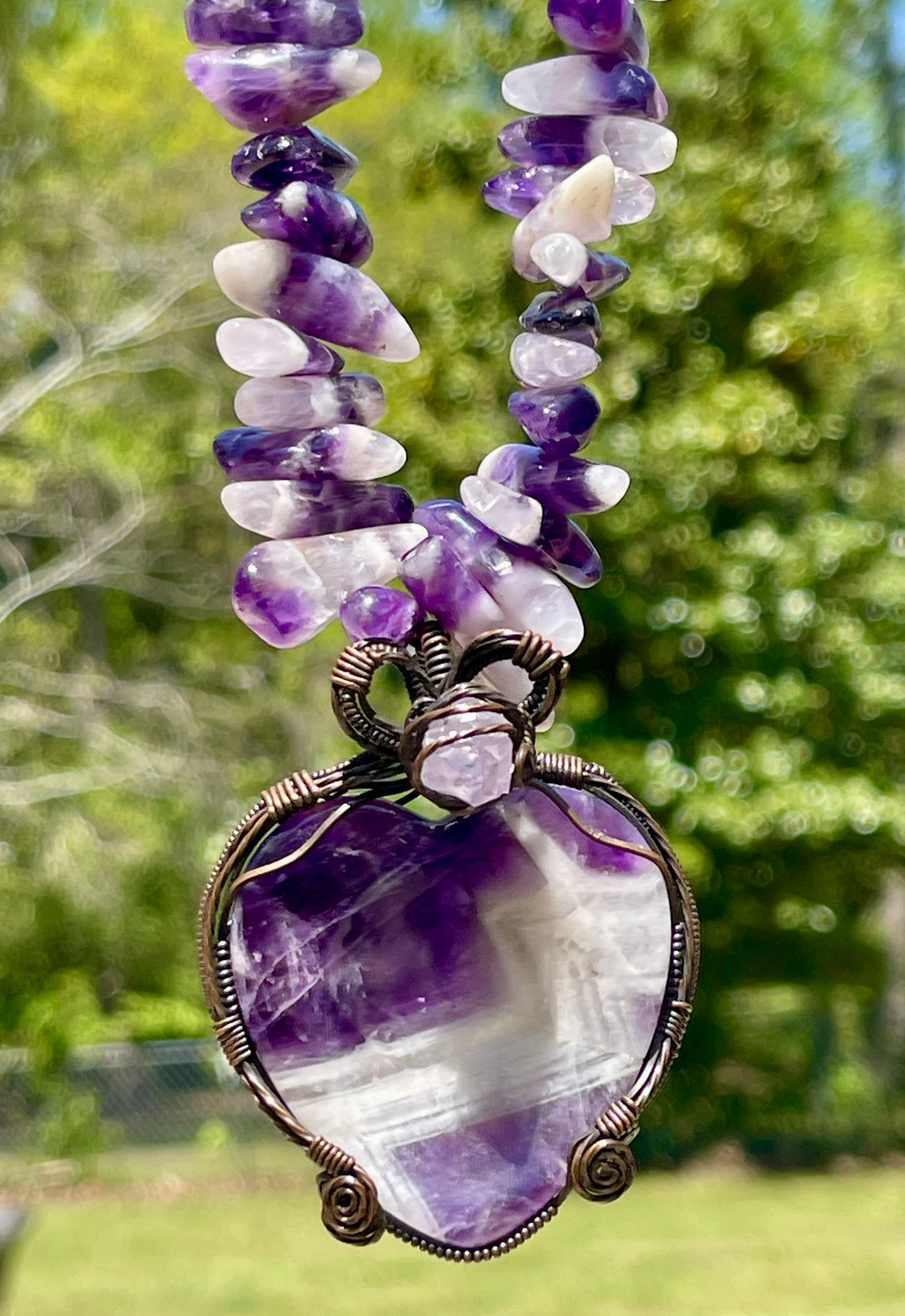 Chevron Amethyst Worry Stone Wrapped Statement Toggle Necklace