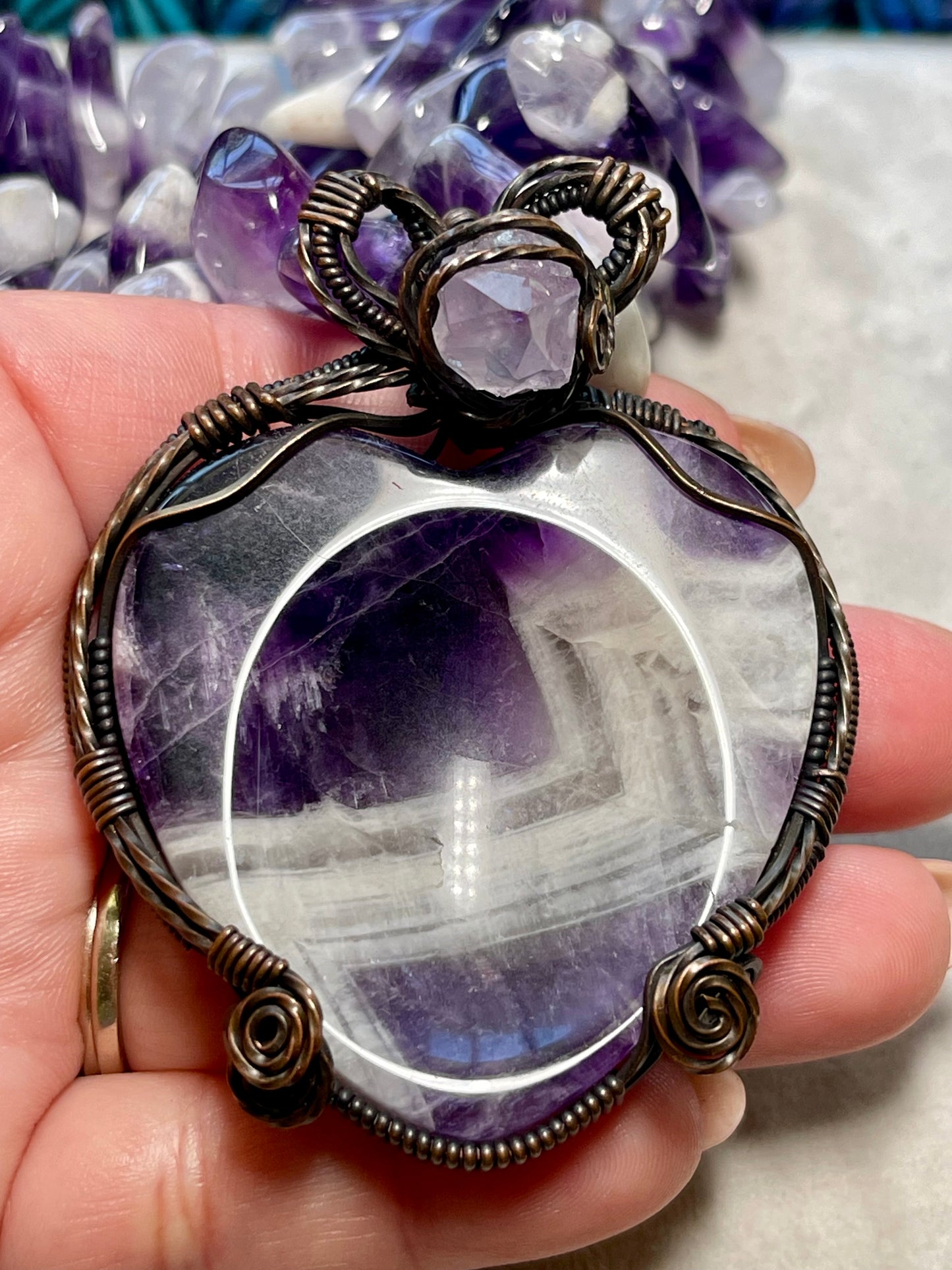 Chevron Amethyst Worry Stone Wrapped Statement Toggle Necklace