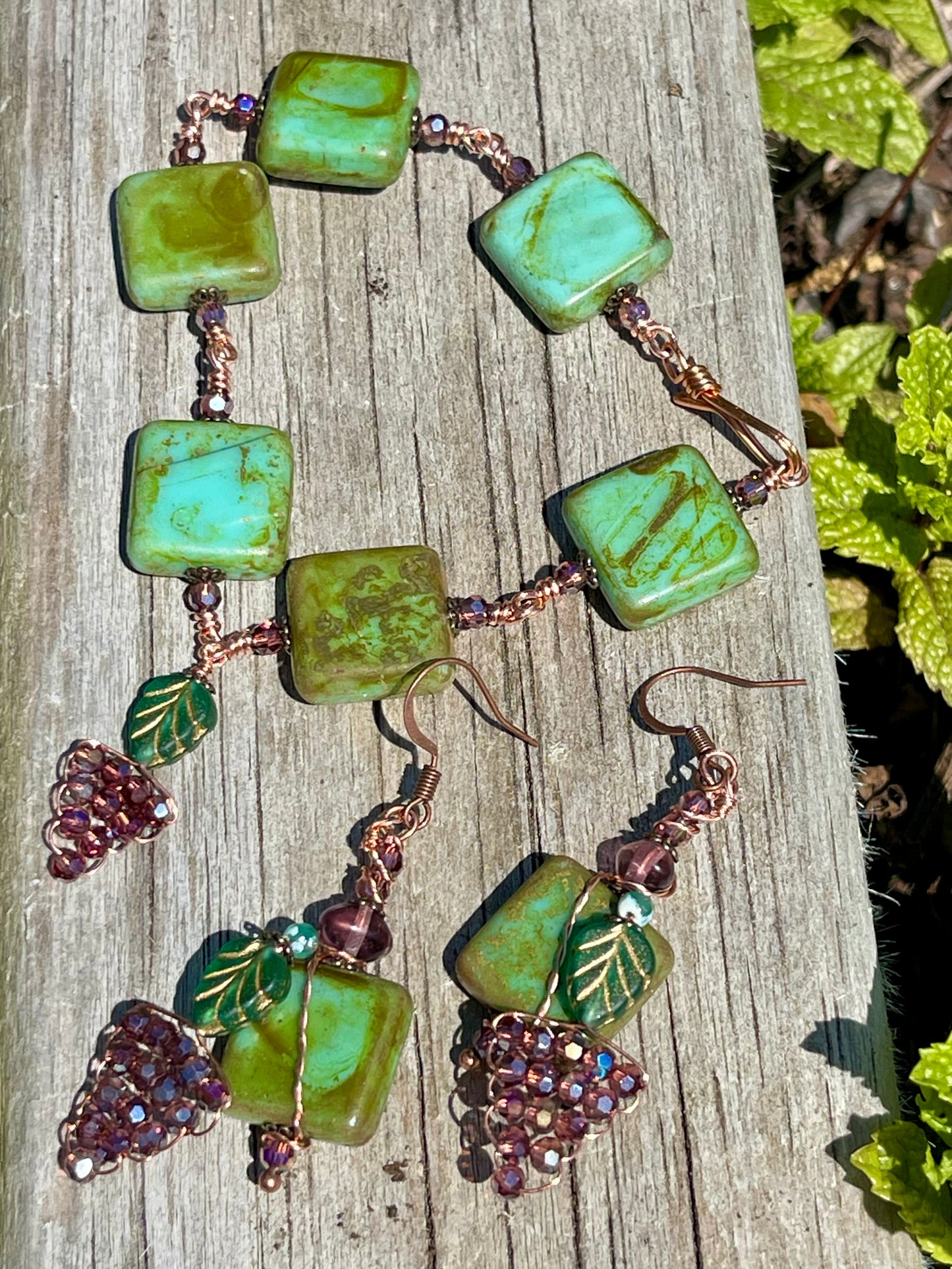 Nostalgic 90's Rustic Grape Link Wrapped Glass Beaded Bracelet & Earring Set