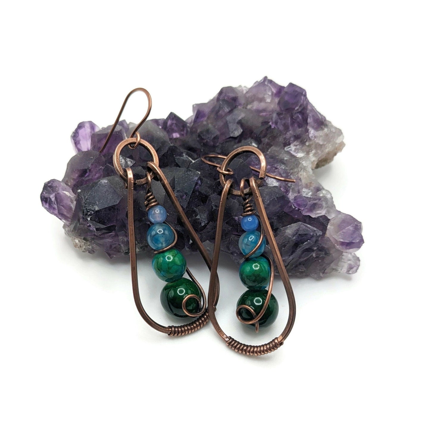 Green and Blue Dangle Drop Teardrop Earrings