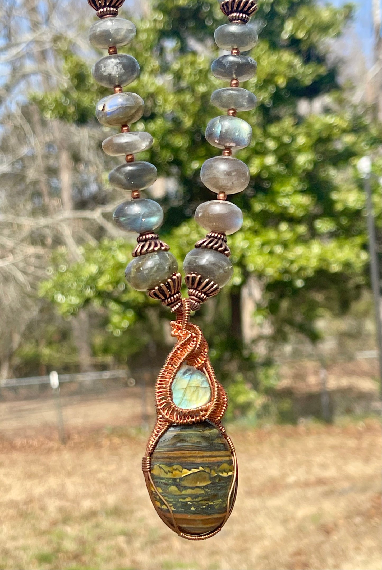 Road to Civilization Labradorite & Tiger Iron Copper Wrapped Statement Necklace