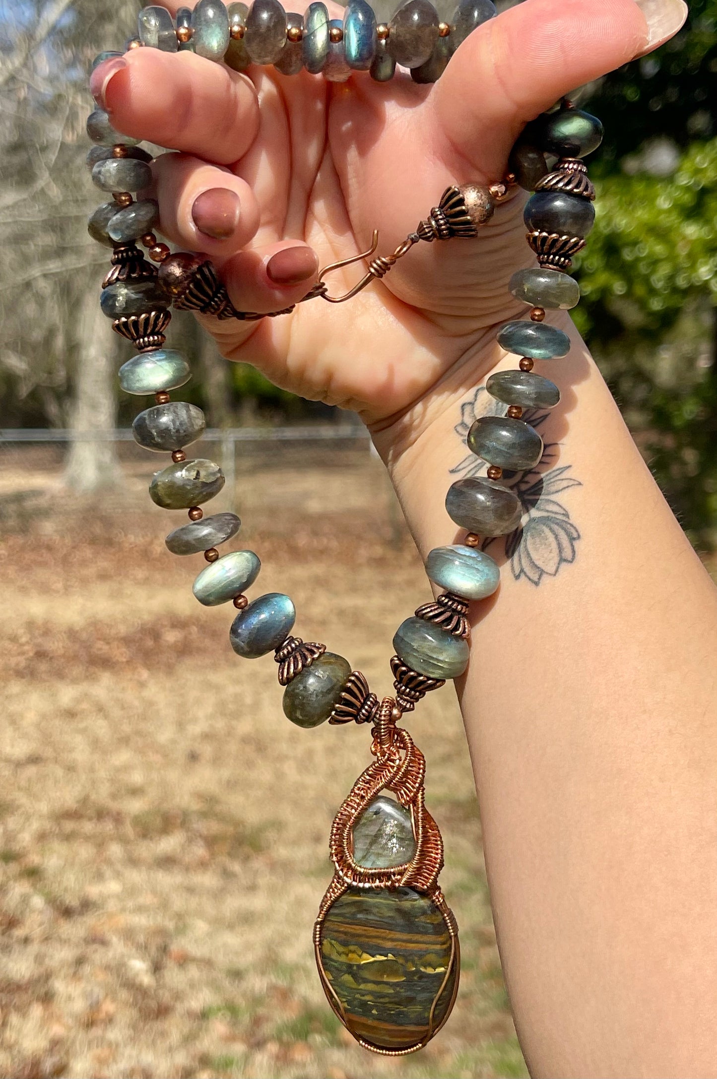 Road to Civilization Labradorite & Tiger Iron Copper Wrapped Statement Necklace