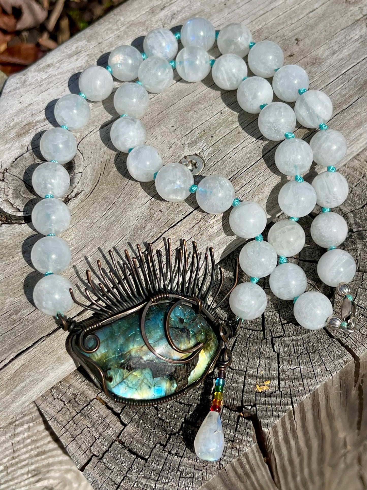 Hand Knotted Rainbow Moonstone Beaded & Wrapped Labradorite Crescent Moon Eye Necklace