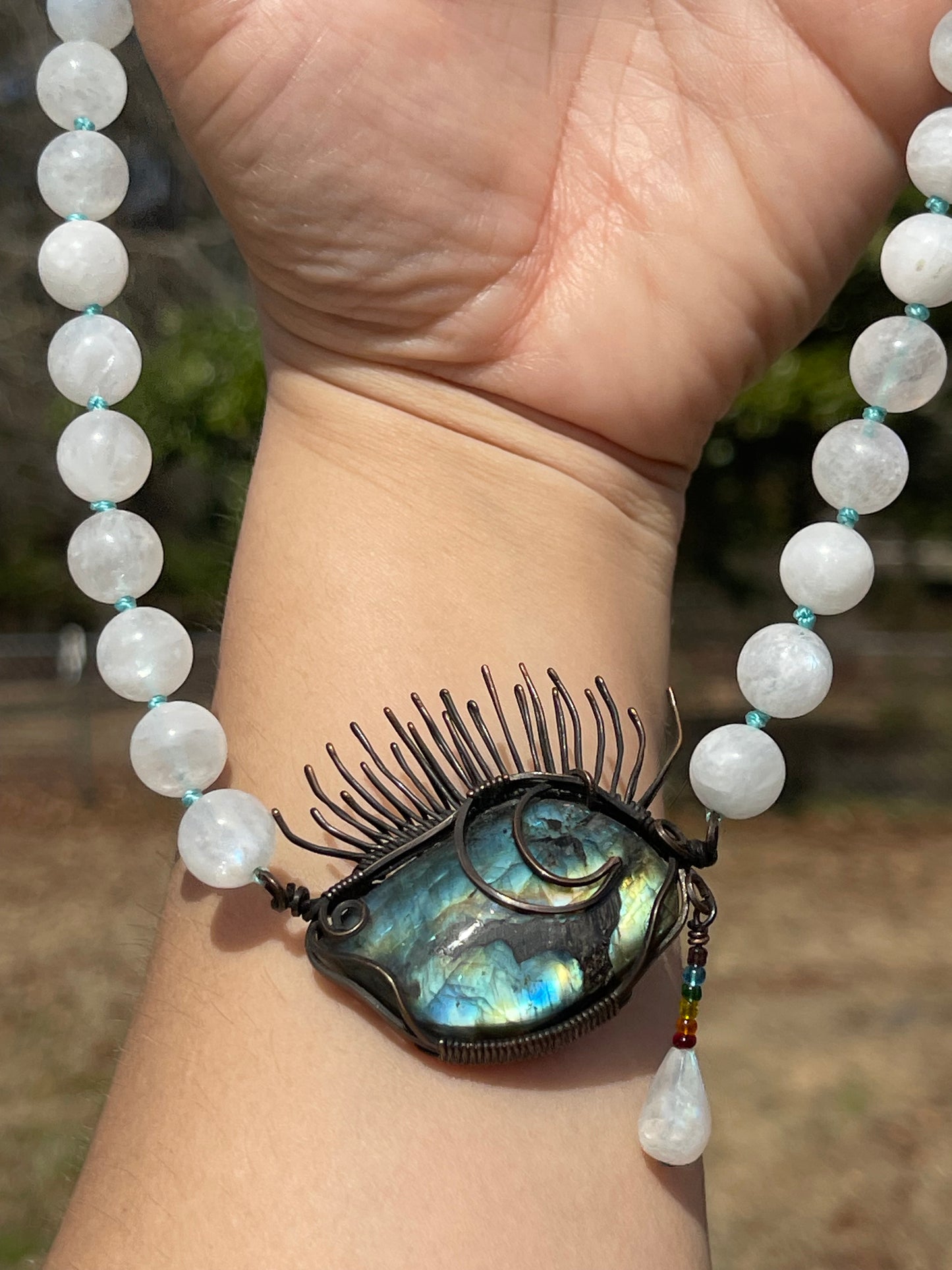 Hand Knotted Rainbow Moonstone Beaded & Wrapped Labradorite Crescent Moon Eye Necklace