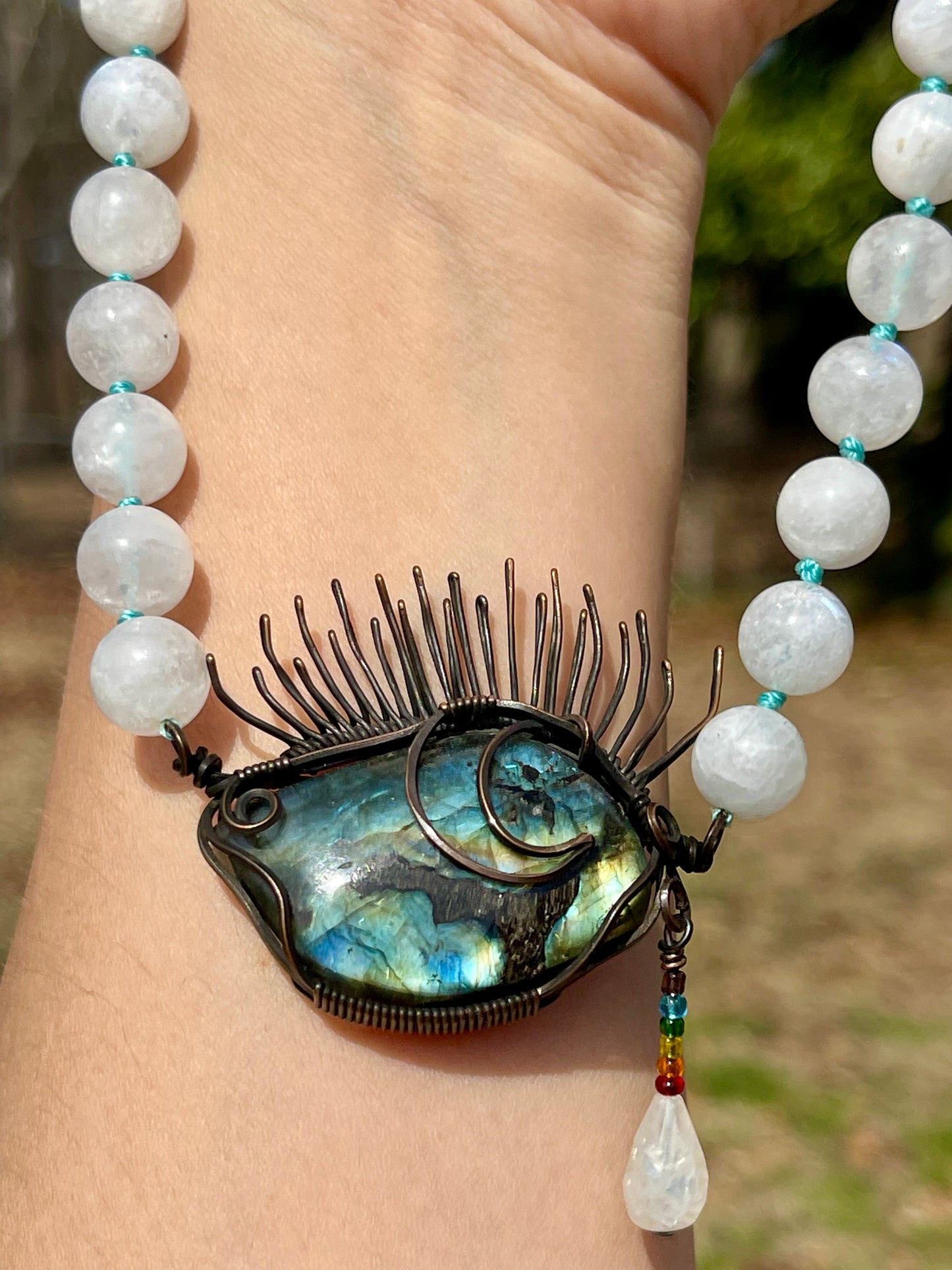 Hand Knotted Rainbow Moonstone Beaded & Wrapped Labradorite Crescent Moon Eye Necklace