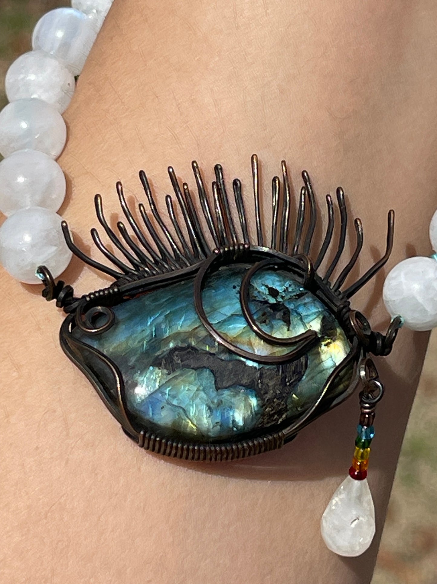 Hand Knotted Rainbow Moonstone Beaded & Wrapped Labradorite Crescent Moon Eye Necklace