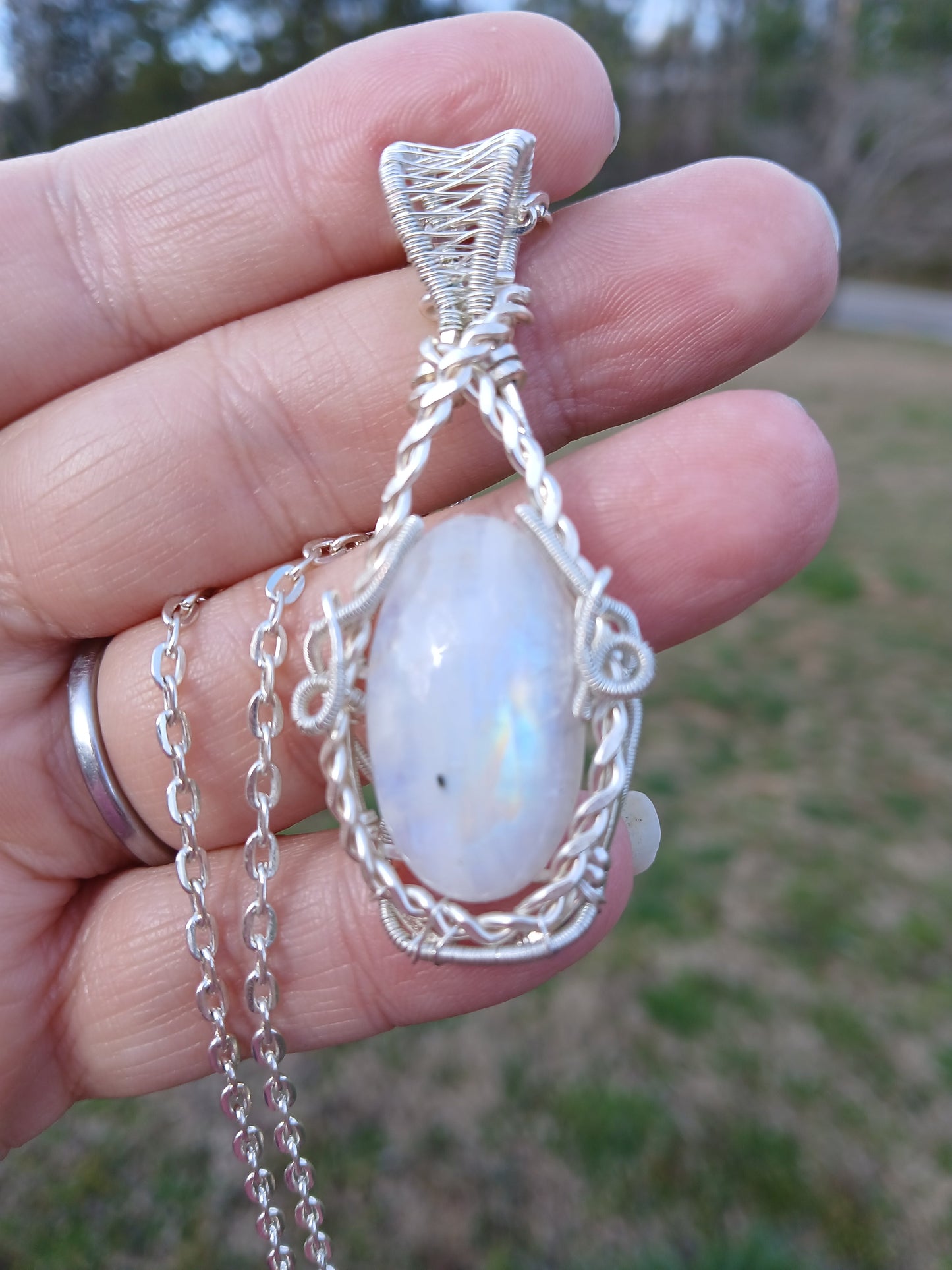 Rainbow From Heaven, Rainbow Moonstone Wire Wrapped Pendant