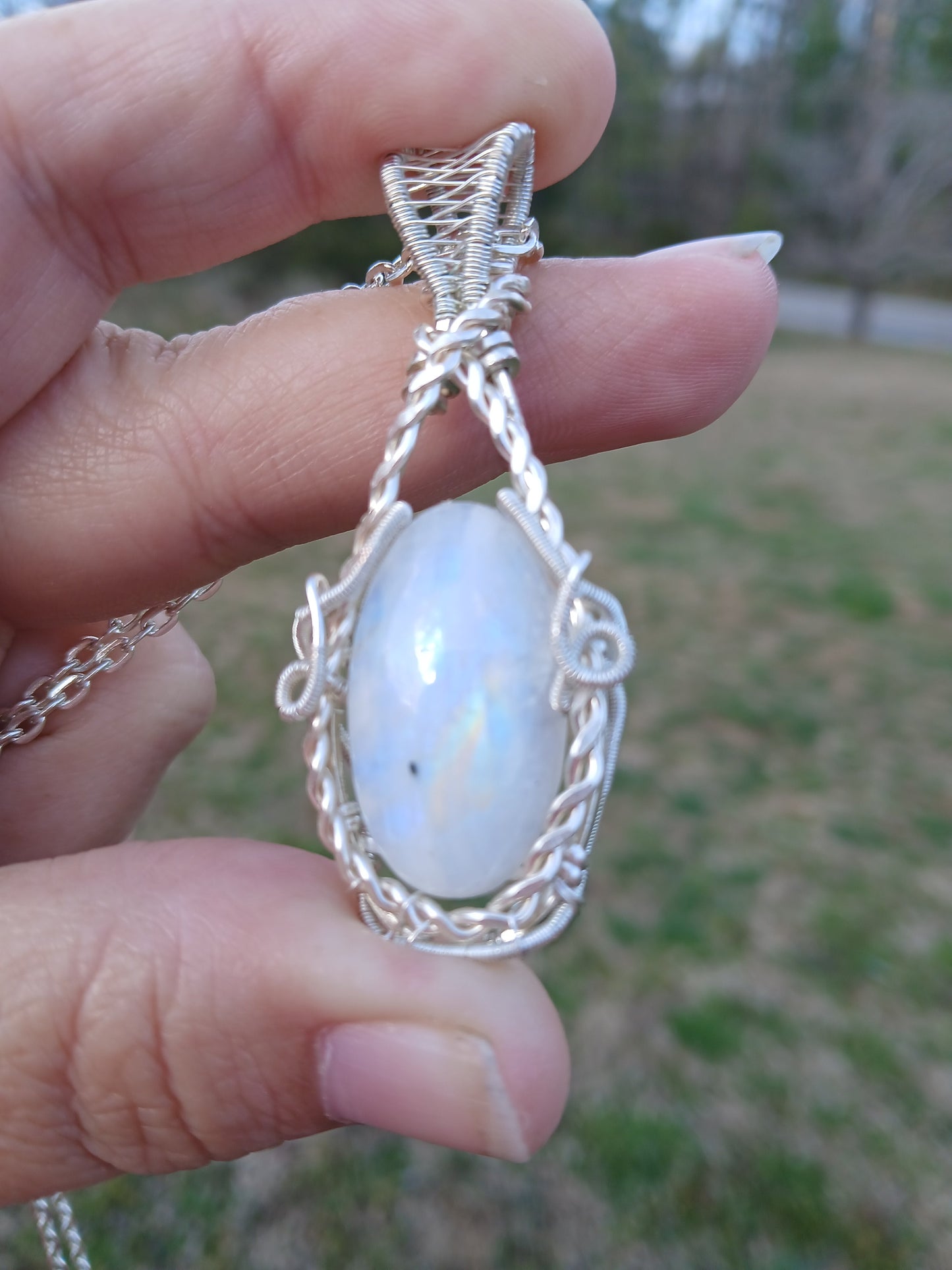 Rainbow From Heaven, Rainbow Moonstone Wire Wrapped Pendant