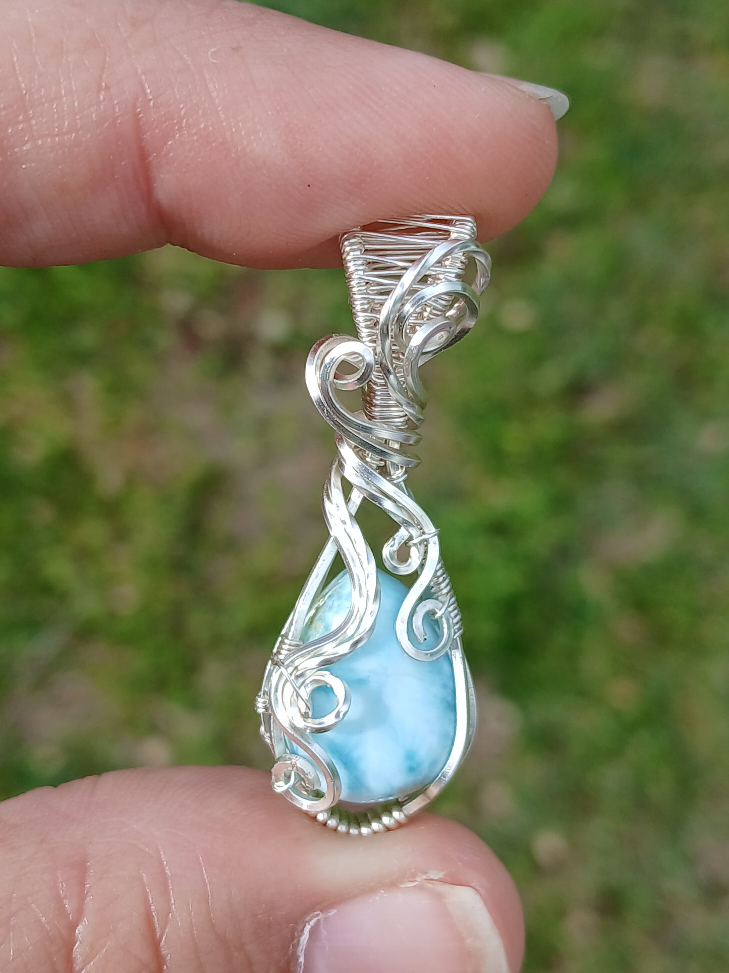 Beach Waves, Silver Wrapped Larimar Pendant
