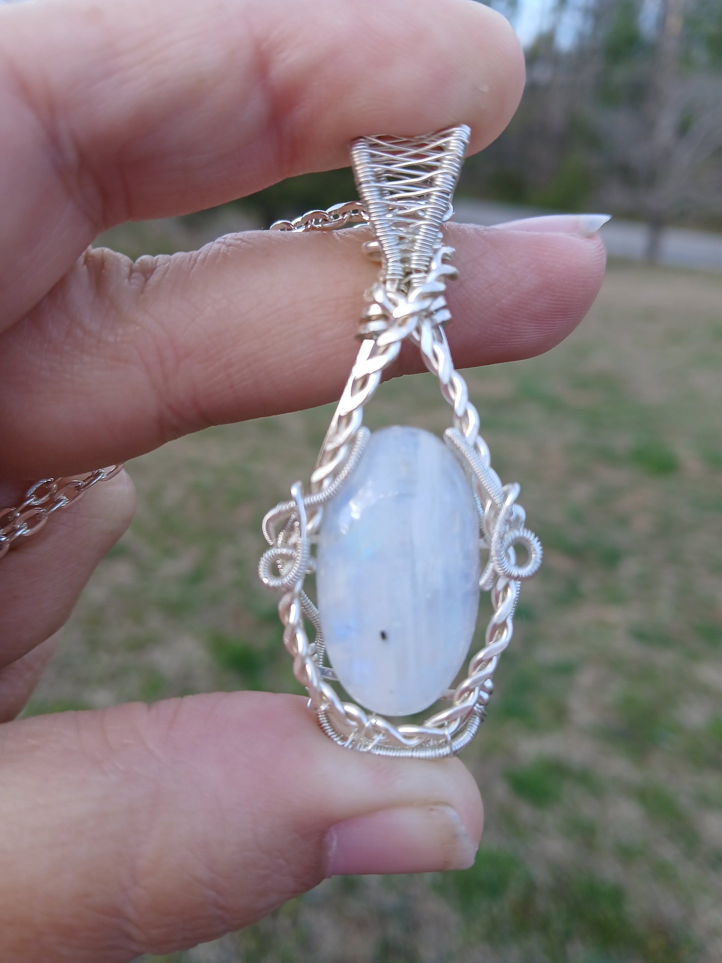 Rainbow From Heaven, Rainbow Moonstone Wire Wrapped Pendant