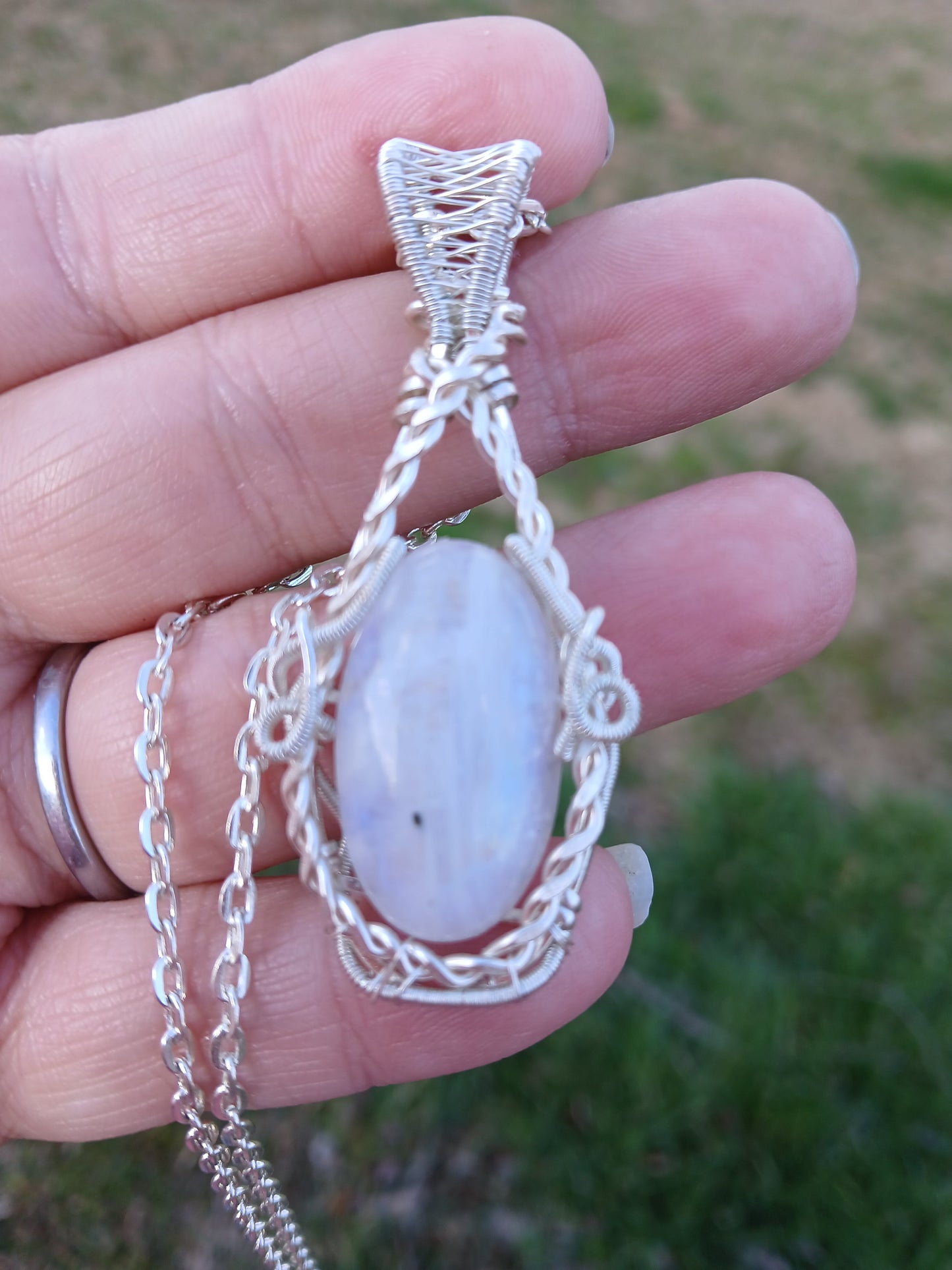 Rainbow From Heaven, Rainbow Moonstone Wire Wrapped Pendant