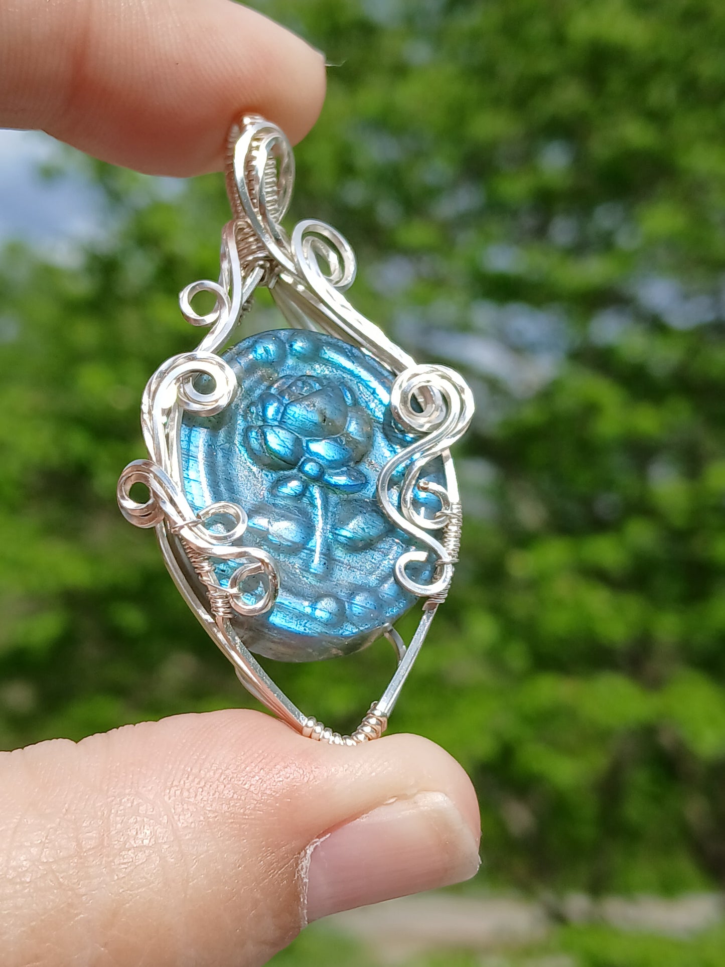 The Beastly Rose, Rose Carved Labradorite Silver Wrapped Pendant