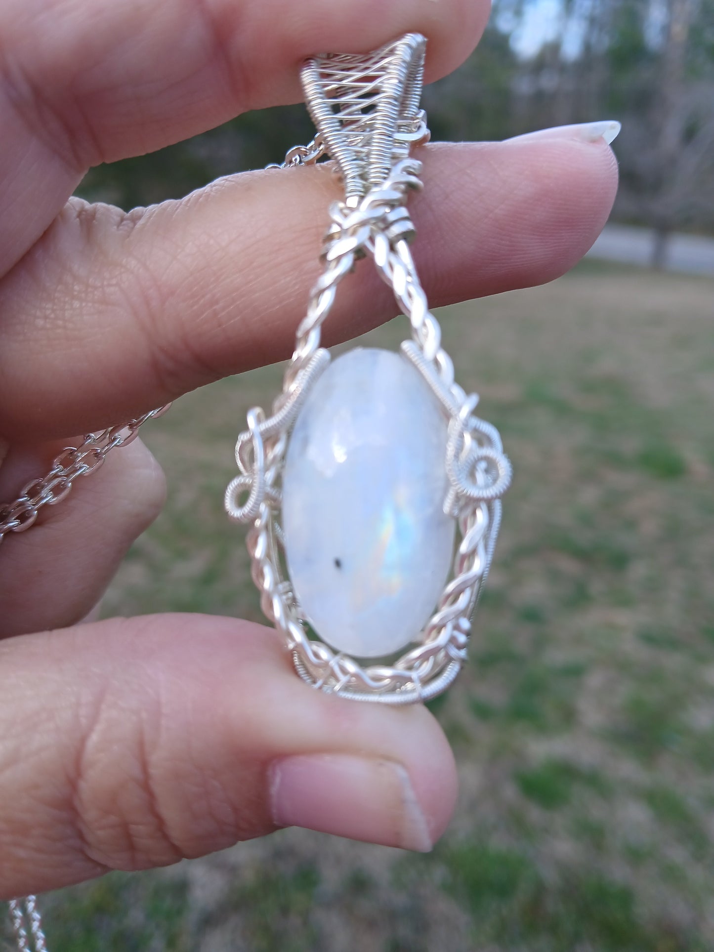 Rainbow From Heaven, Rainbow Moonstone Wire Wrapped Pendant