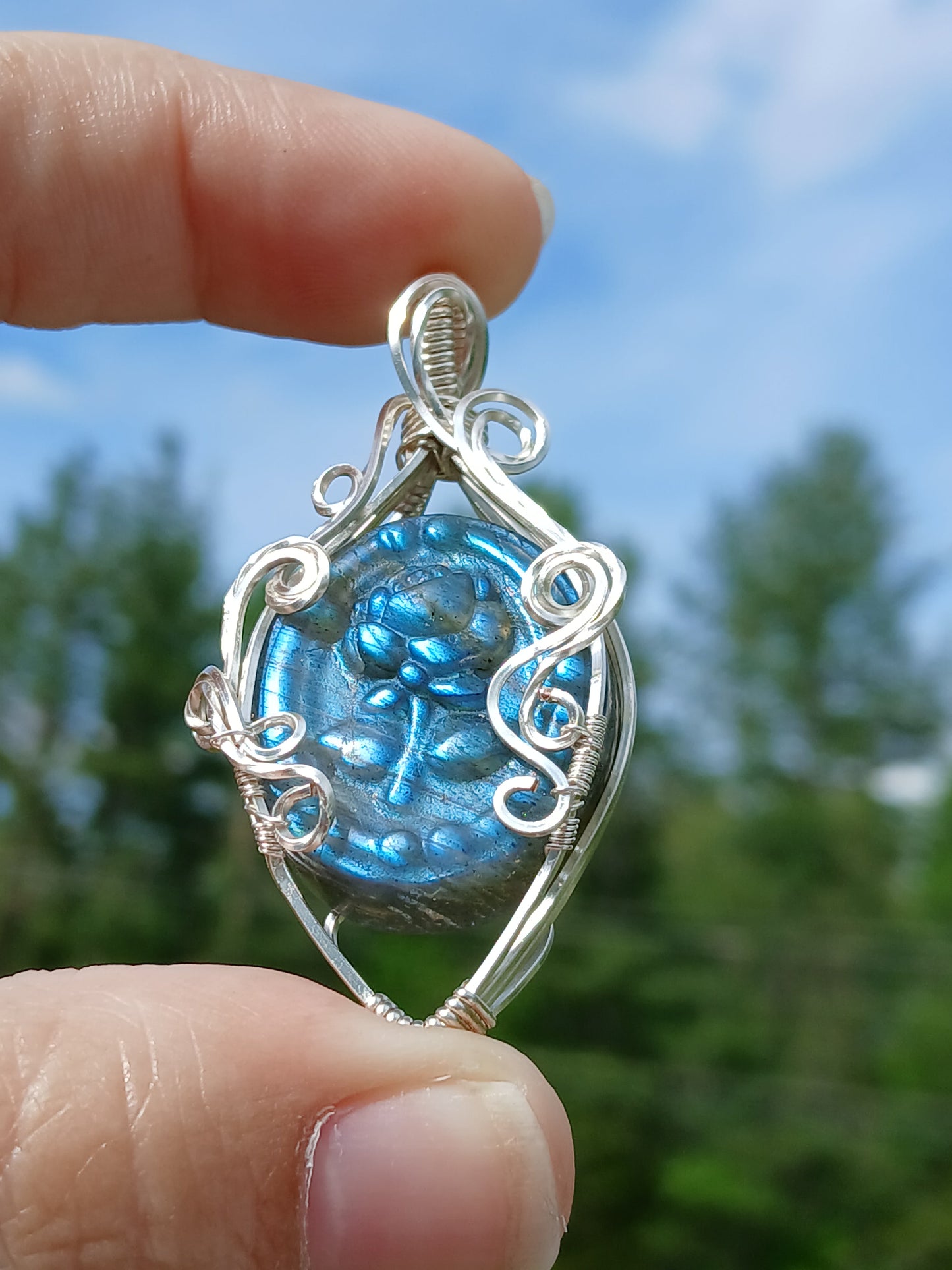 The Beastly Rose, Rose Carved Labradorite Silver Wrapped Pendant