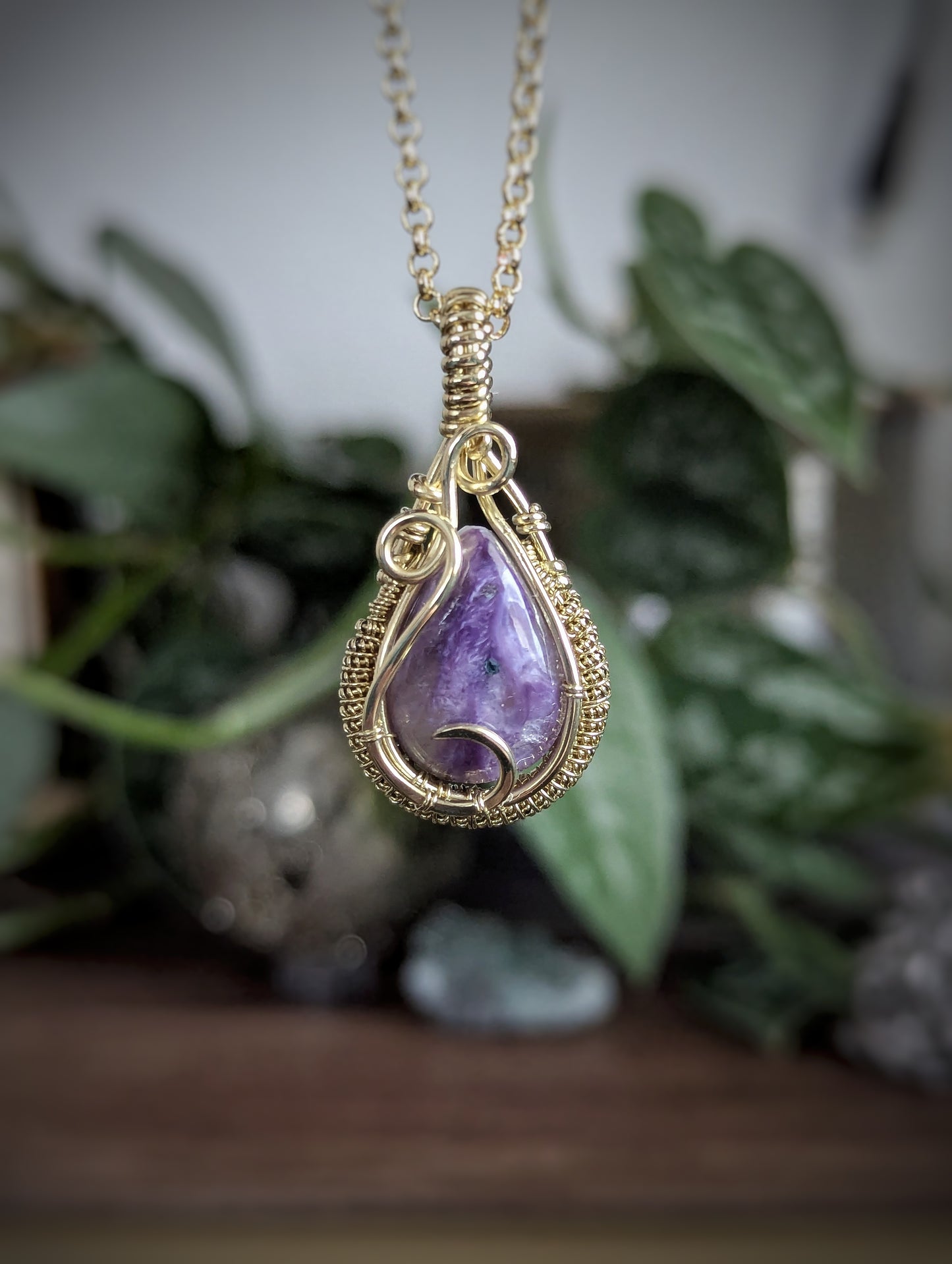 Charoite Brass Wire Wrapped Necklace
