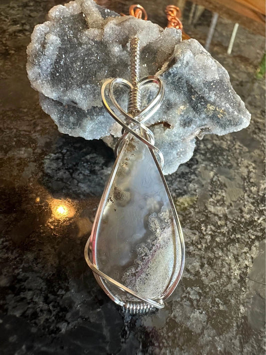 Pendant - Picture Moss Agate - silver plated wire