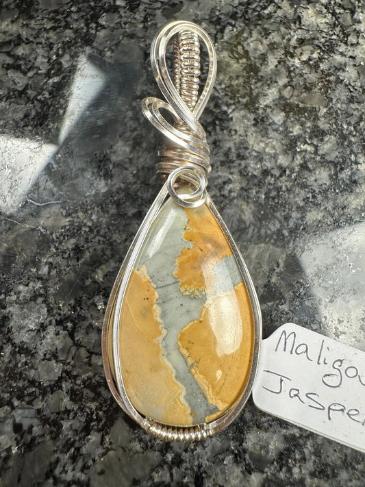 Pendant-Maligano Jasper hand wrapped in tarnish resistant silver coated wire